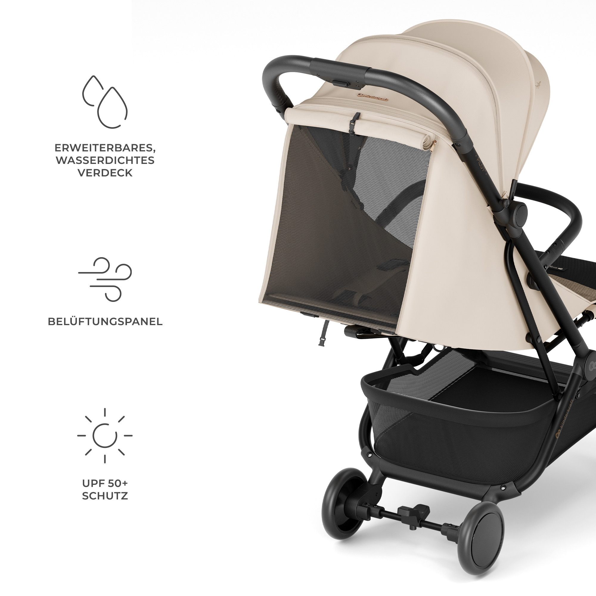 Beiger Kinderwagen mit schwarzem Netz und Griff. Links sind Icons für Wasser, Wind und Sonne.
