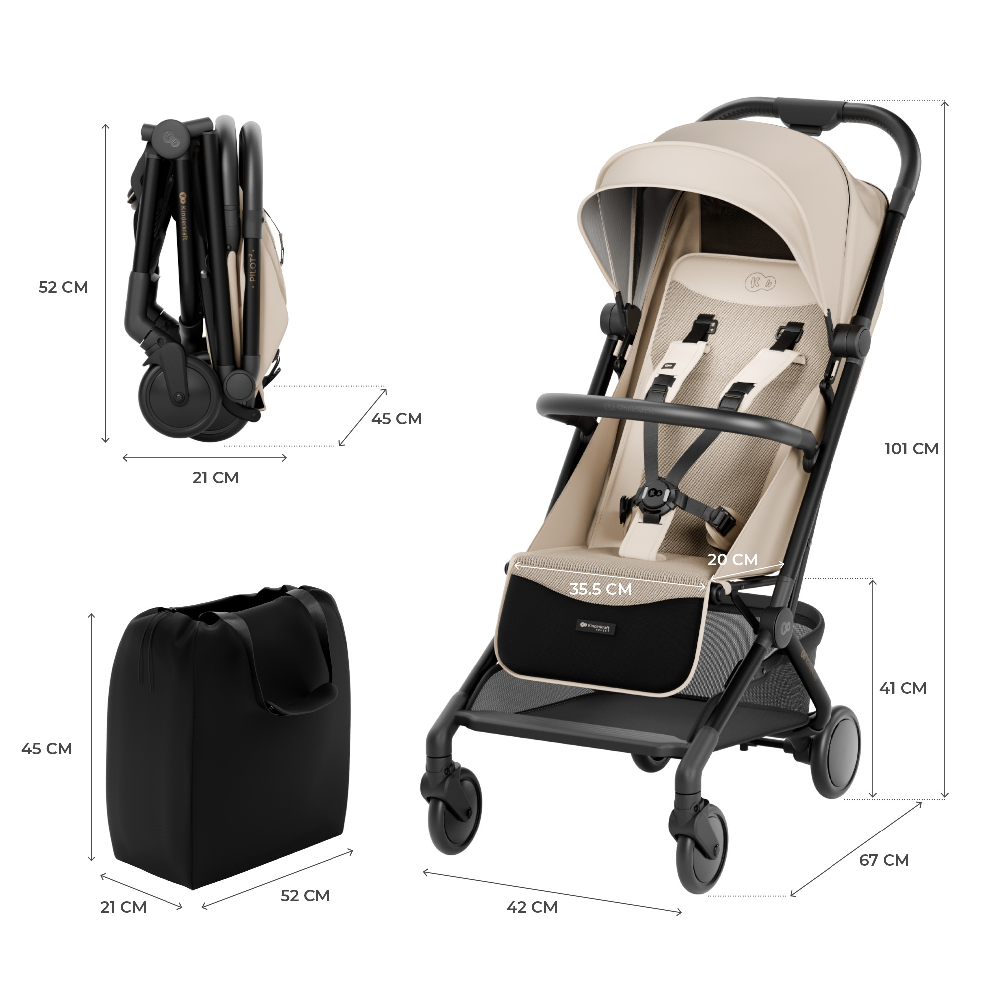Ein beige Kinderwagen, zusammengeklappt und offen, mit schwarzer Tasche.