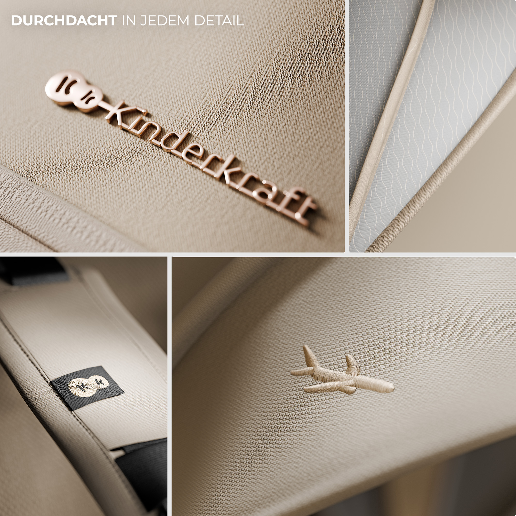 Nahaufnahme von Kinderkraft-Logo und Flugzeugstickerei auf beigem Stoff.