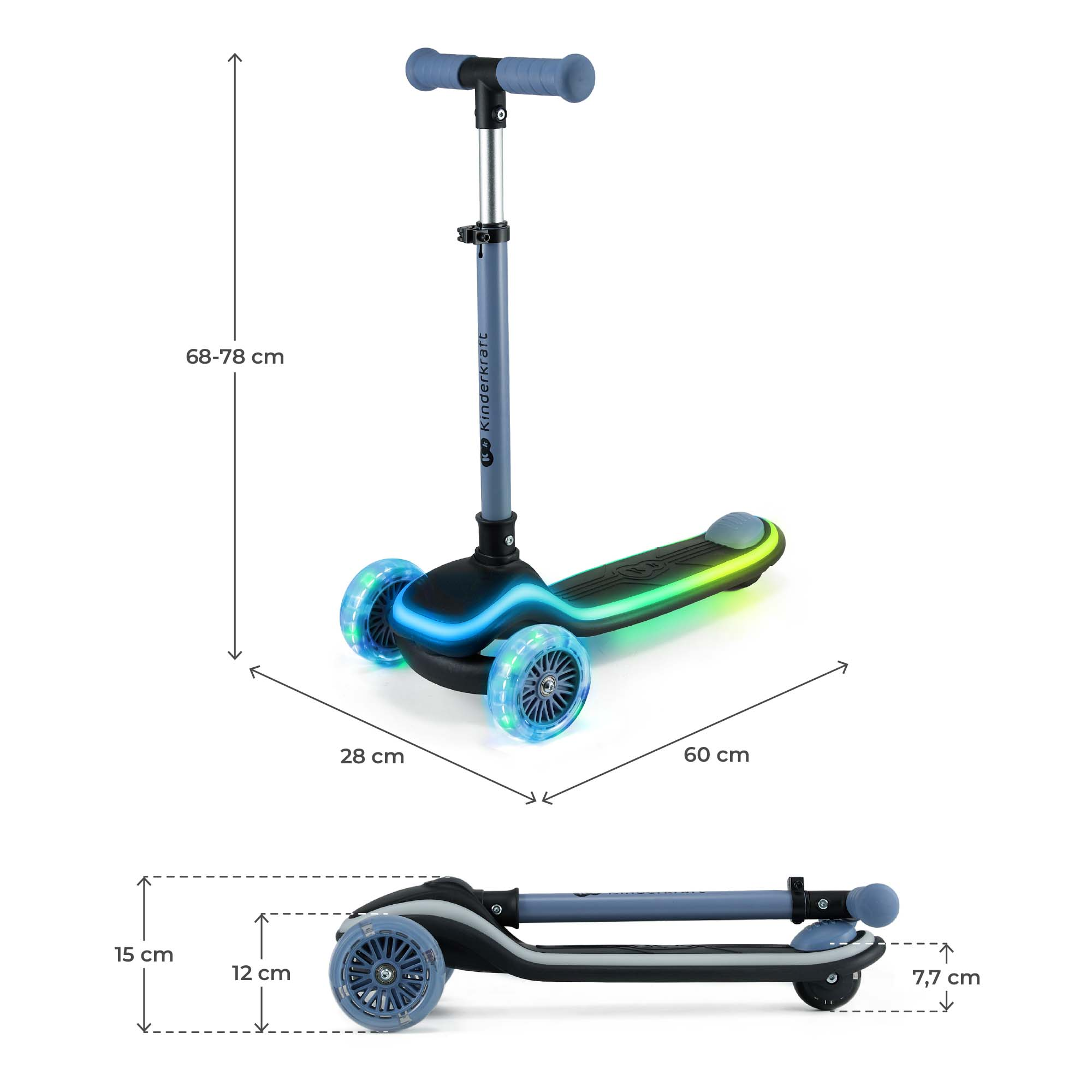 Dreirad-Roller mit blauen LED-Rädern und bunten Lichtern am Trittbrett.