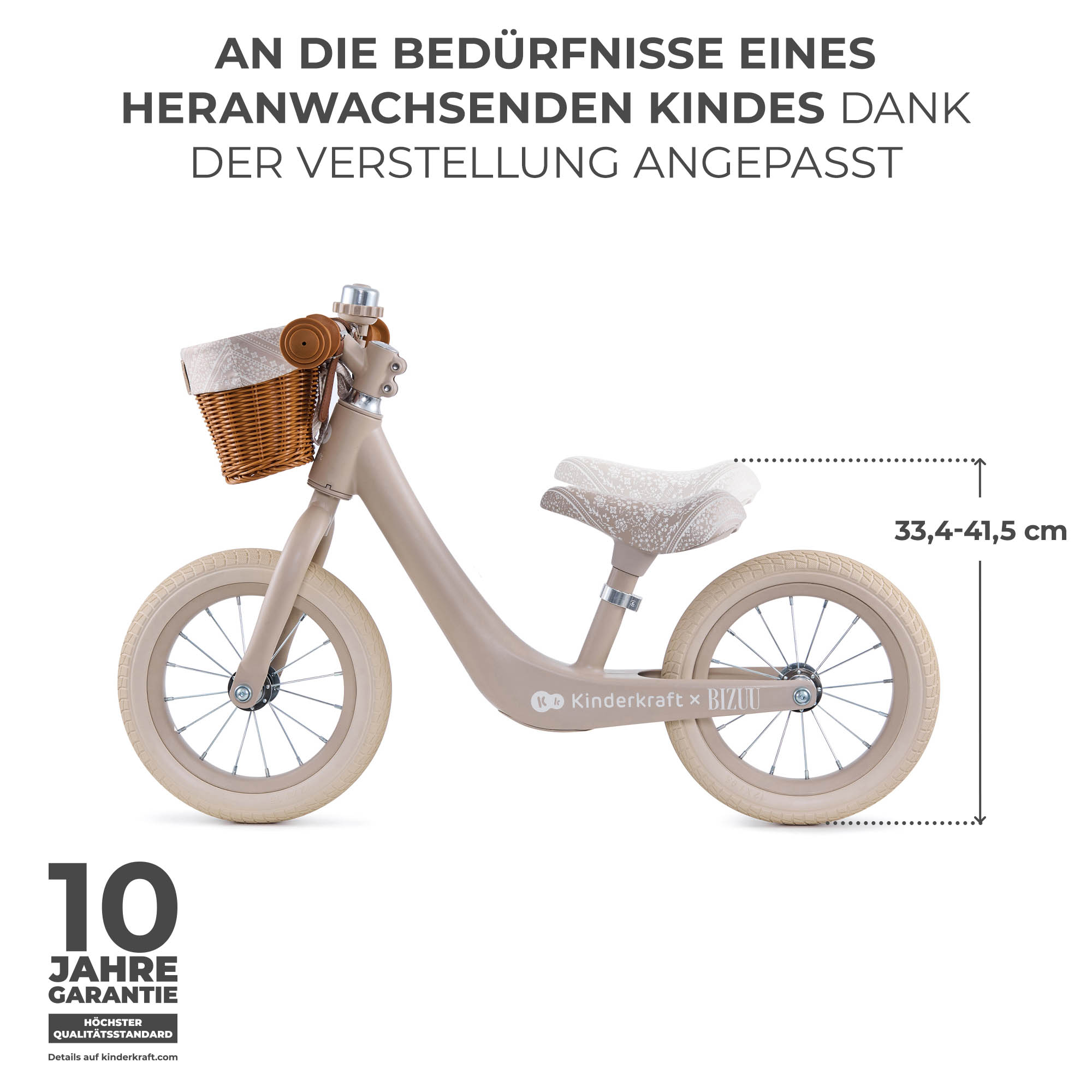 Beigefarbenes Laufrad mit Korb, verstellbarer Sitz und 10 Jahre Garantie.
