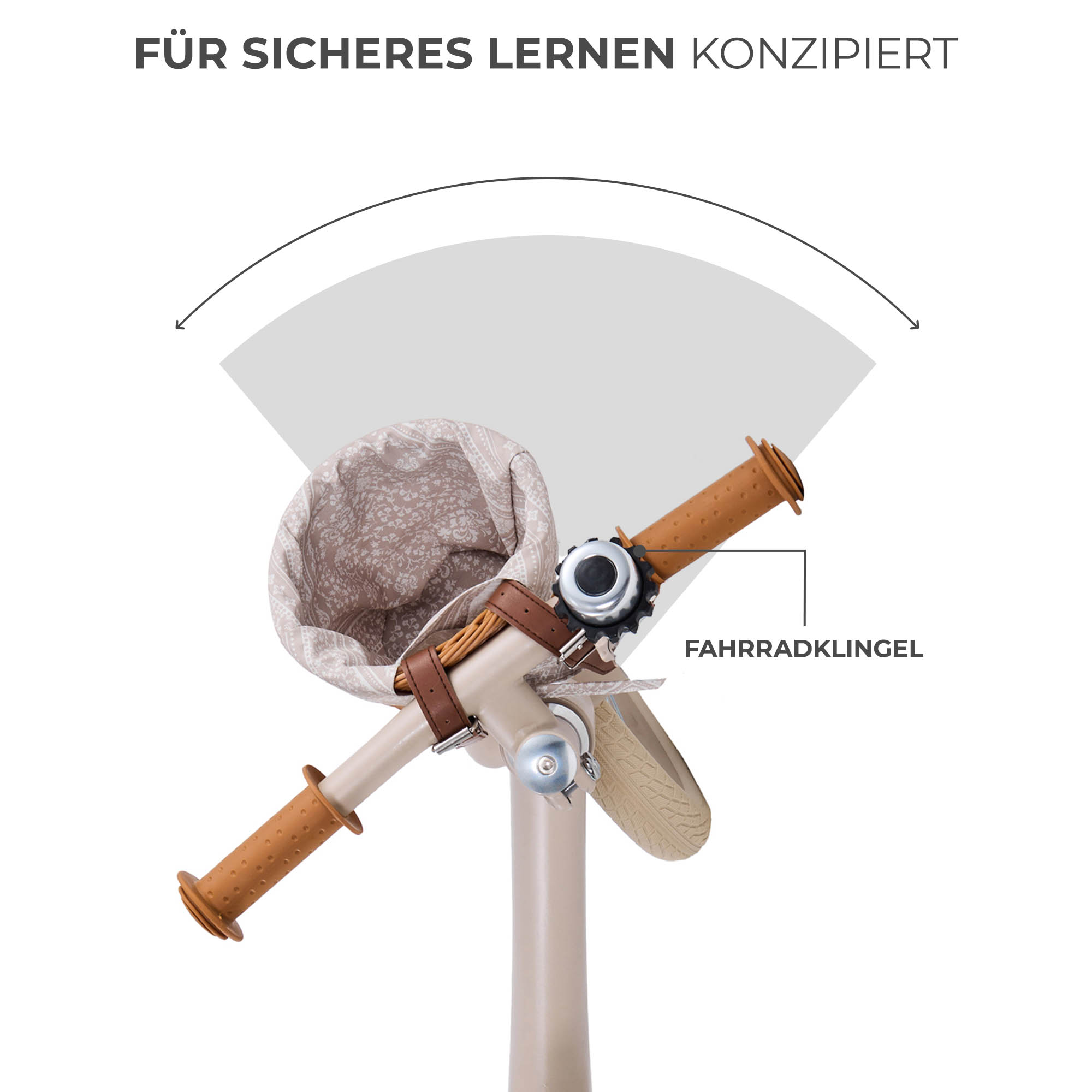 Lenker eines Kinderfahrrads mit Griffen, Klingel und einem Stoffkorb.