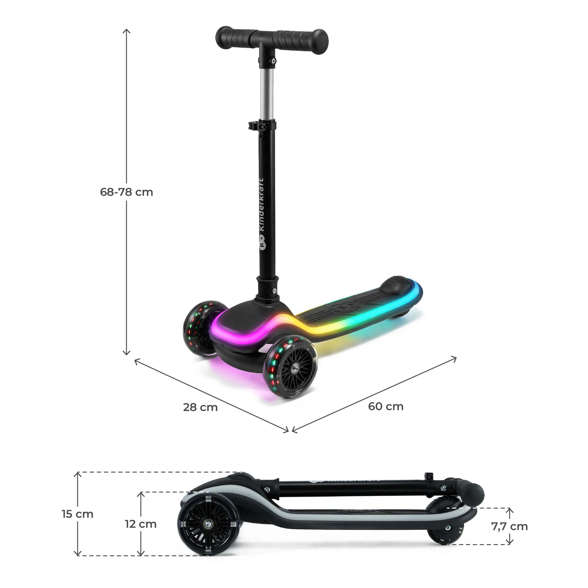 Dreirad-Scooter mit leuchtenden Rädern und Griffen, Maße angegeben.