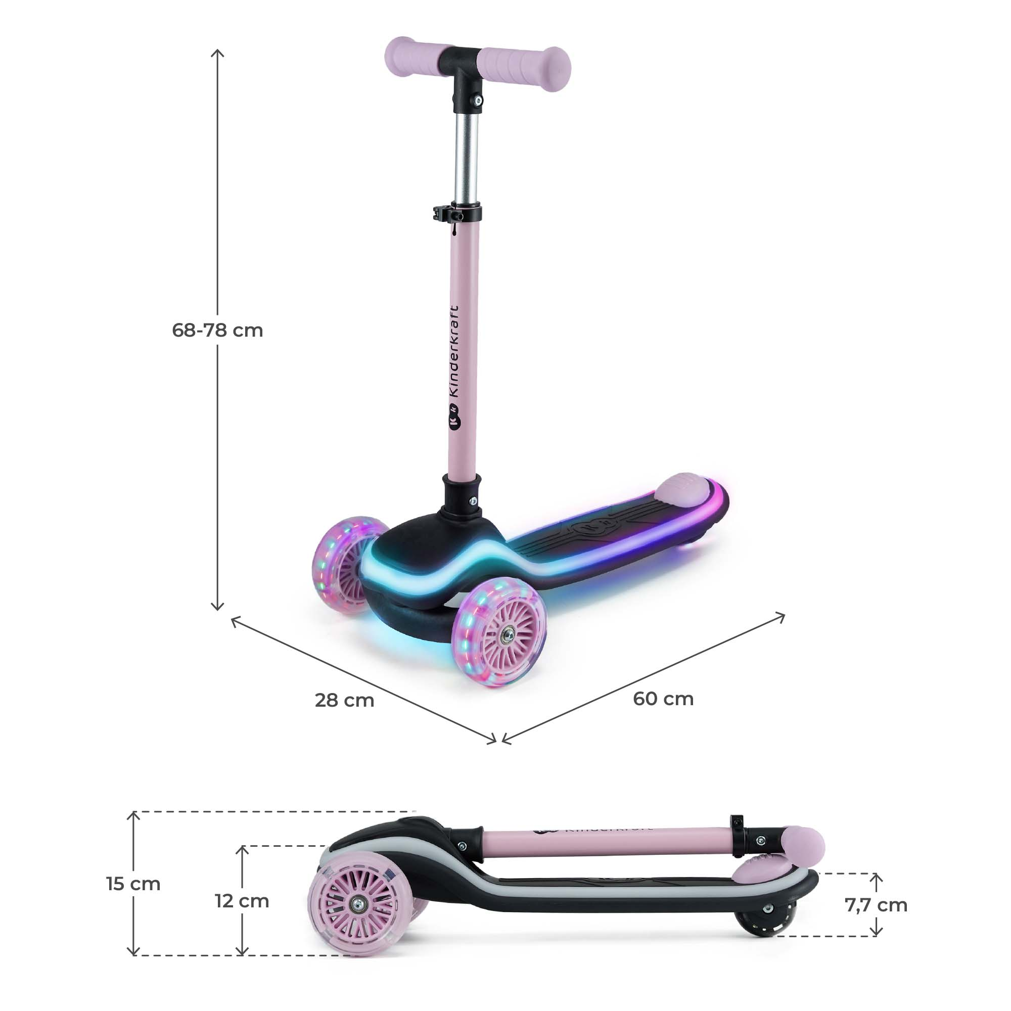 Ein rosafarbener Roller mit drei Rädern, die beleuchtet sind.