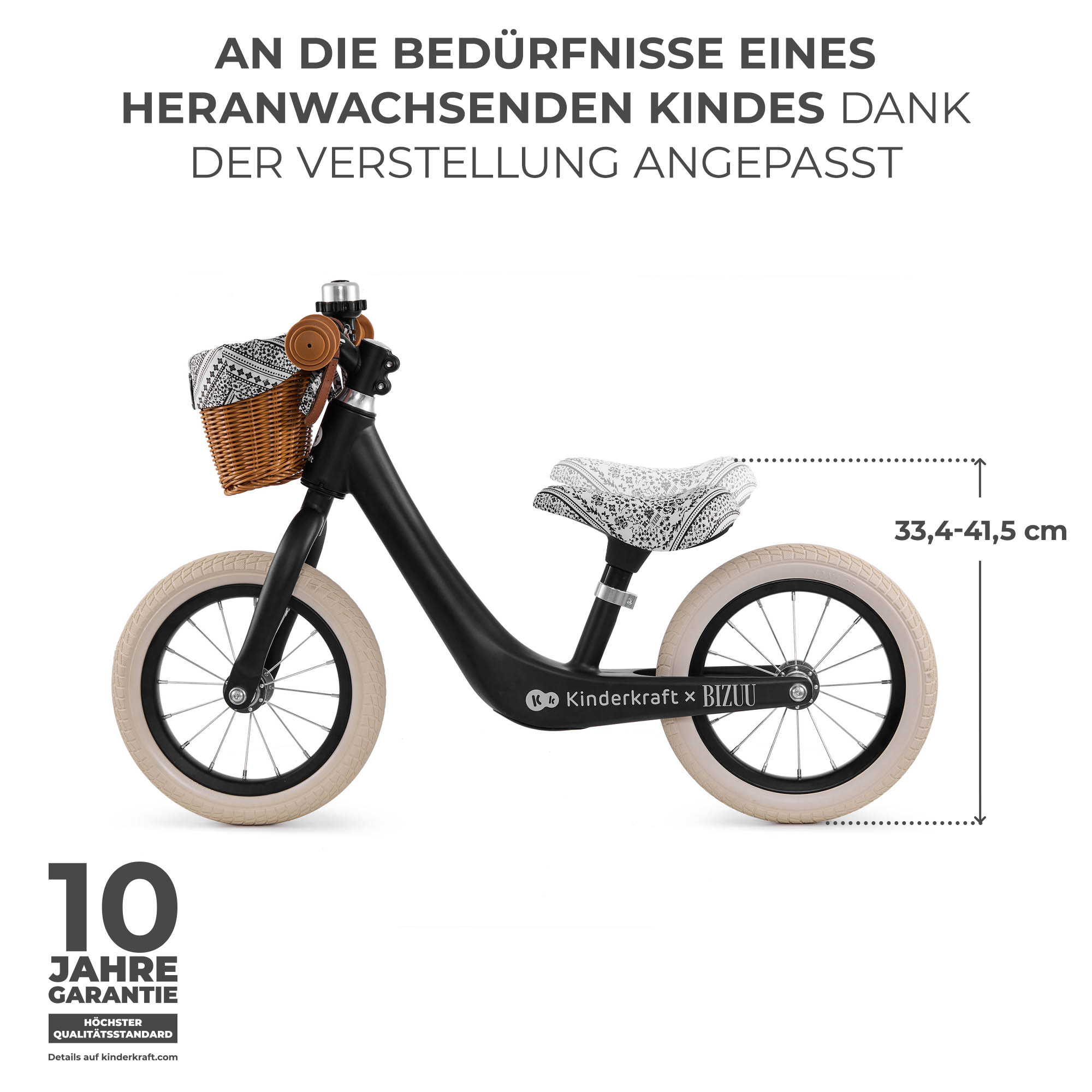 Ein schwarzes Laufrad mit Korbfach und gemustertem Sitz. 10 Jahre Garantie.