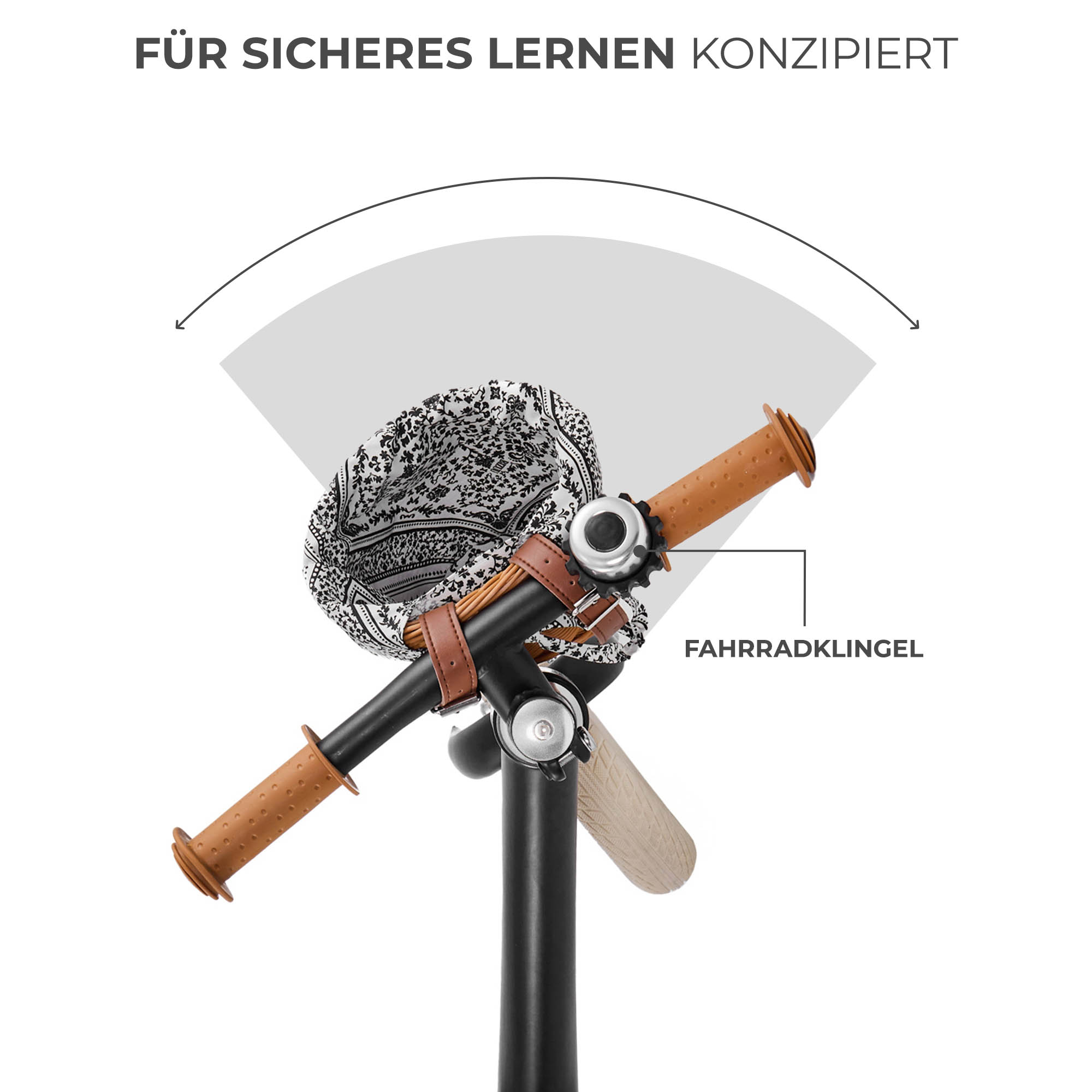 Fahrradlenker mit braunen Griffen, einem Stoffkorb und einer Klingel.