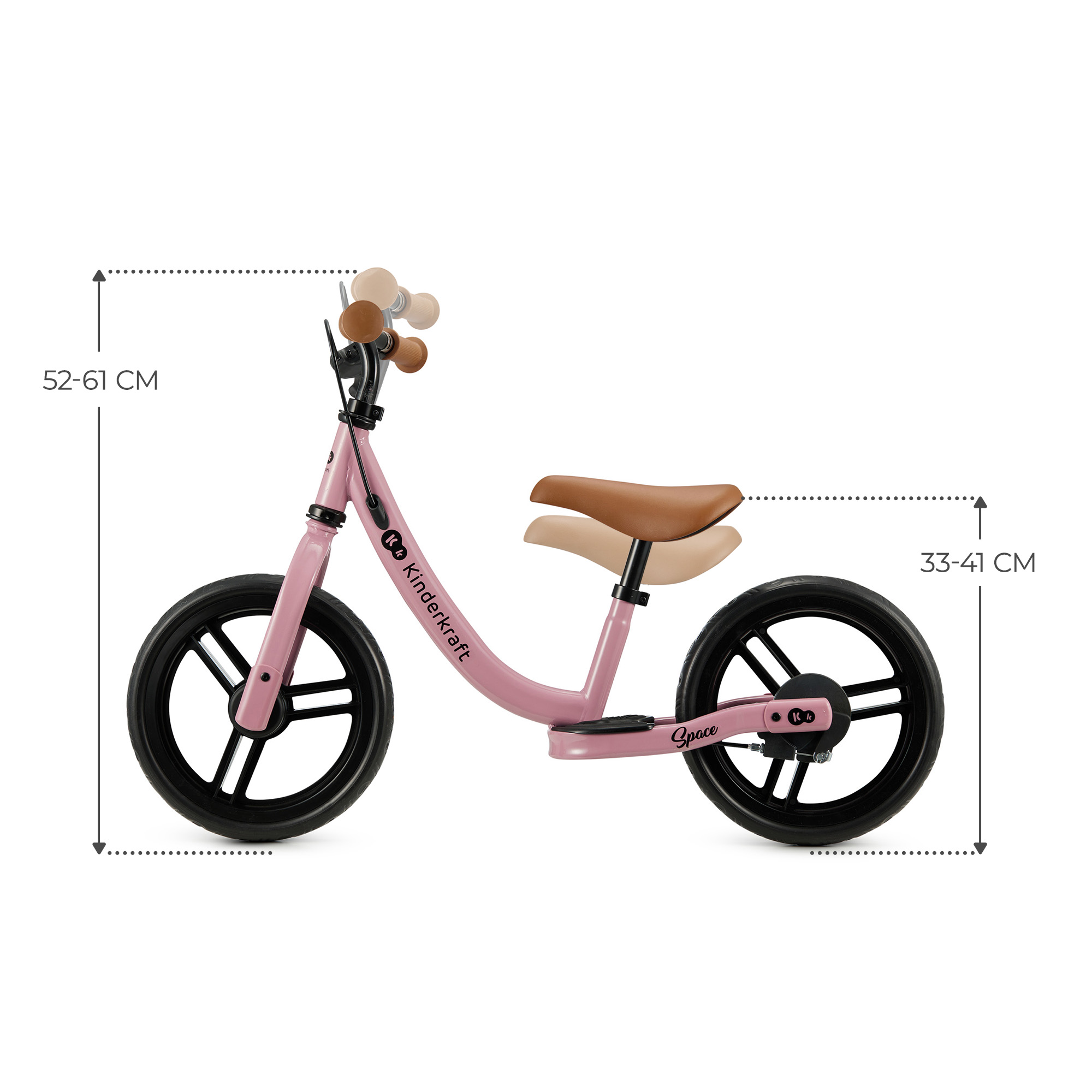 Rosa Kinderlaufrad mit braunem Sattel und Griffen, schwarzen Rädern und Maßangaben.