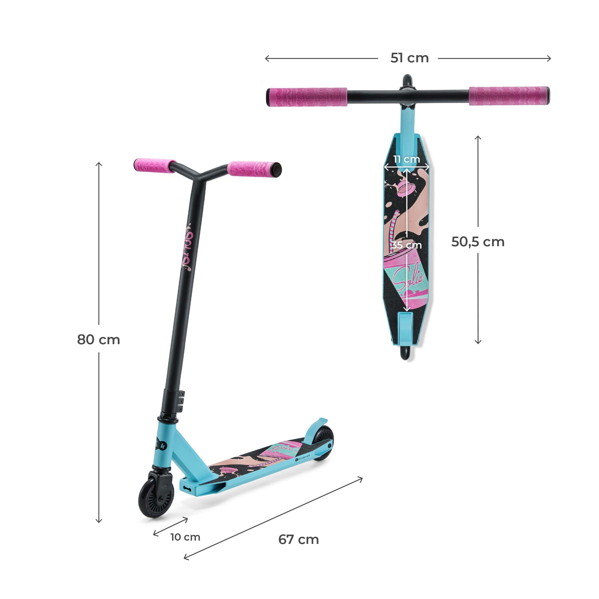 Ein blauer Roller mit pinken Griffen und Aufklebern. Maße sind angegeben.