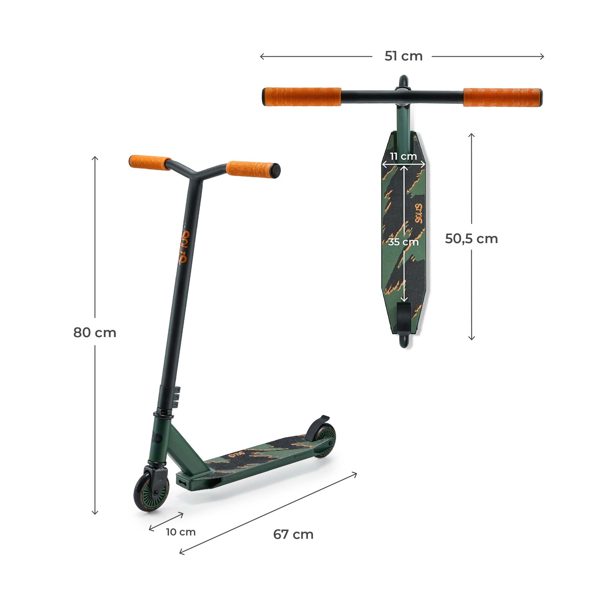 Ein grüner Roller mit orangen Griffen und Maßangaben.