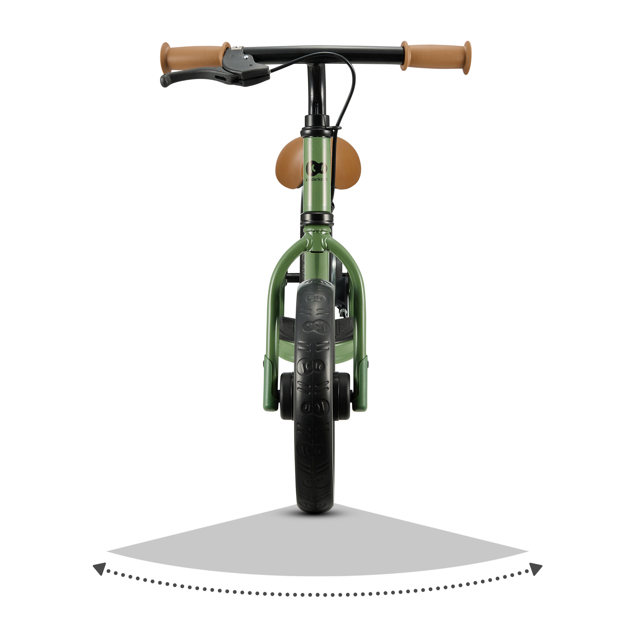 Grüner Roller mit braunen Griffen und Sattel, von vorne.