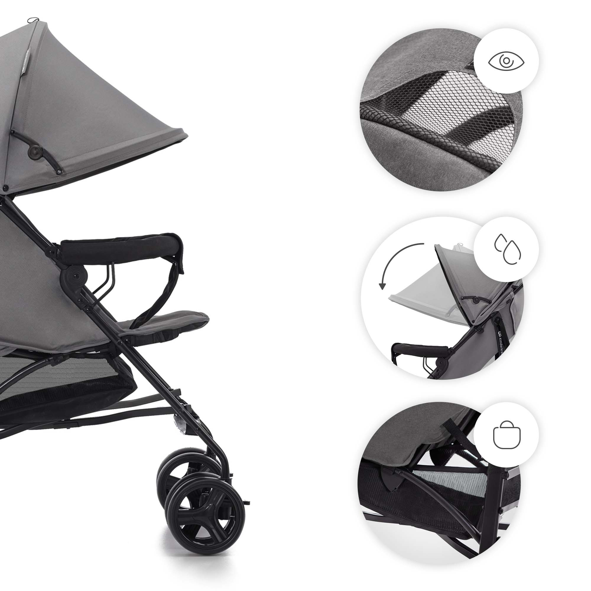 Grauer Kinderwagen mit Details: Netzfenster, verstellbares Verdeck, Einkaufskorb.