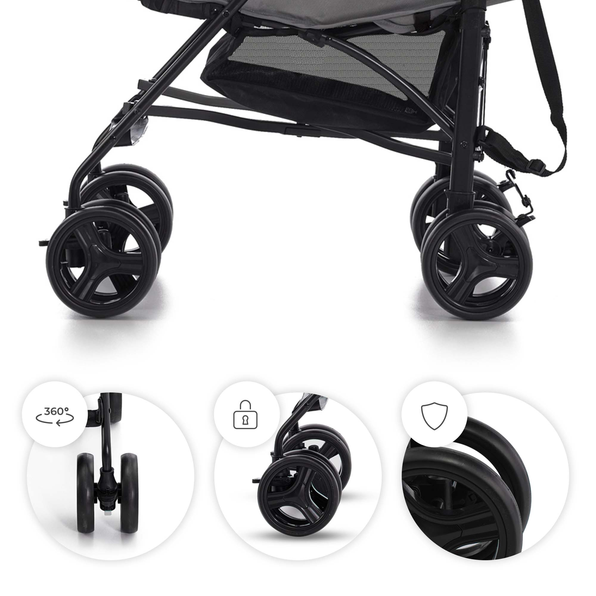 Nahaufnahme von Kinderwagenrädern und einem Netzfach.