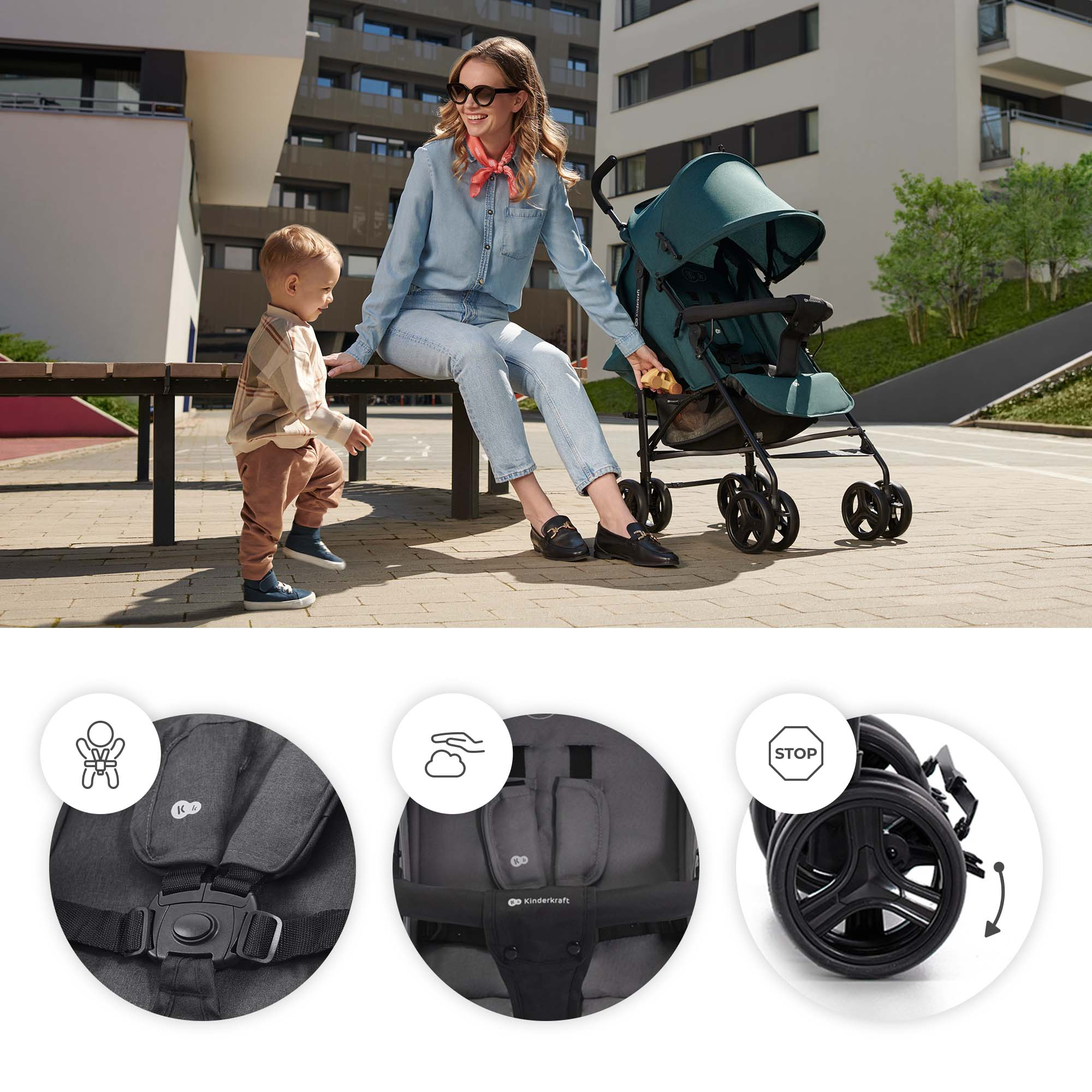 Frau und Kind sitzen auf einer Bank neben einem Kinderwagen. Detailansichten zeigen Gurte und Räder.