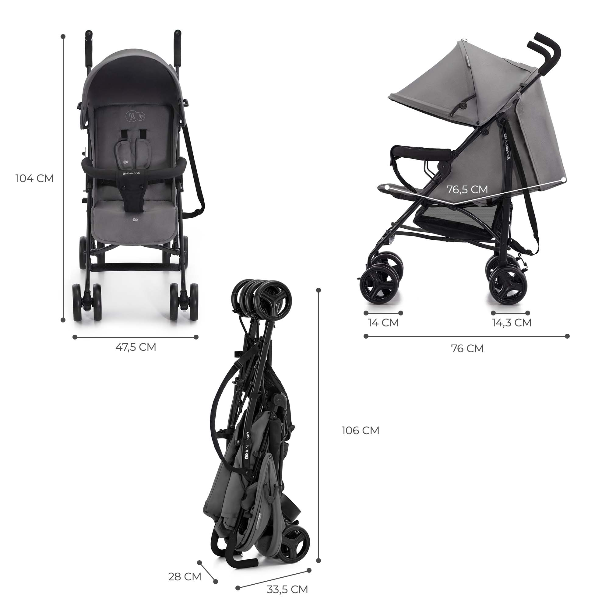 Grauer Kinderwagen, offen und zusammengeklappt, mit Maßen.