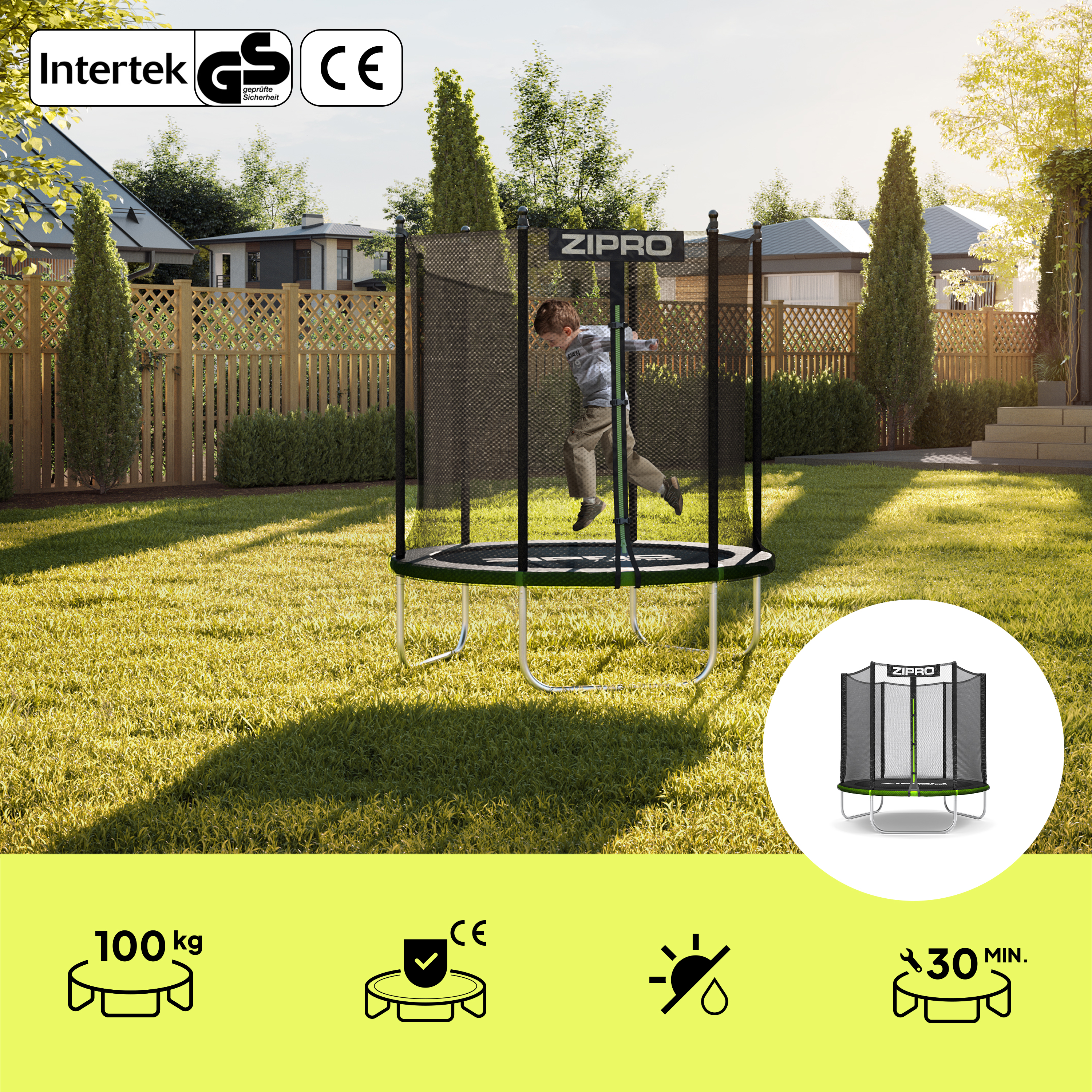 Ein Junge springt auf einem Trampolin im Garten. Es gibt Zertifizierungslogos und Anleitungen.