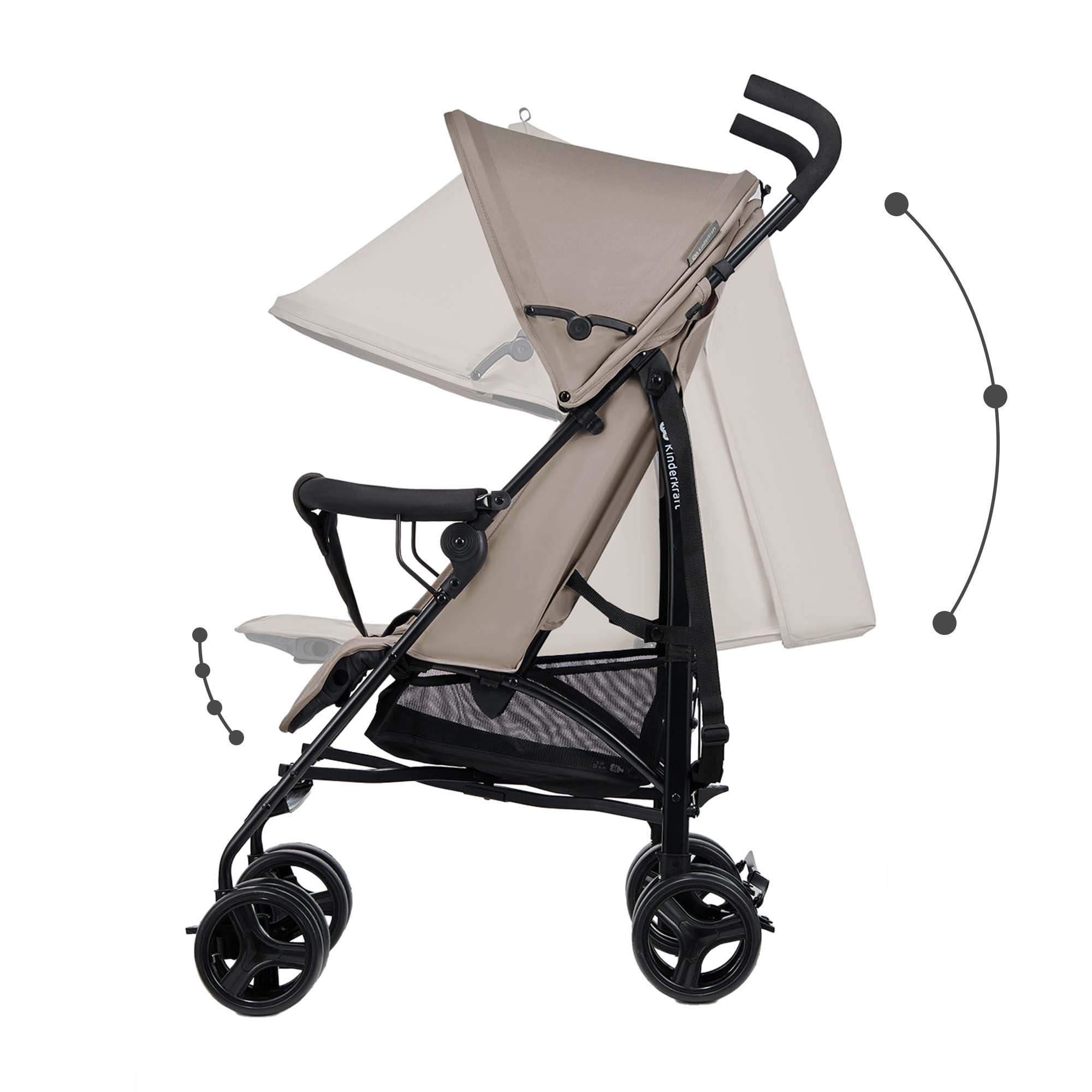 Ein beiger Kinderwagen mit schwarzem Gestell und Rädern.