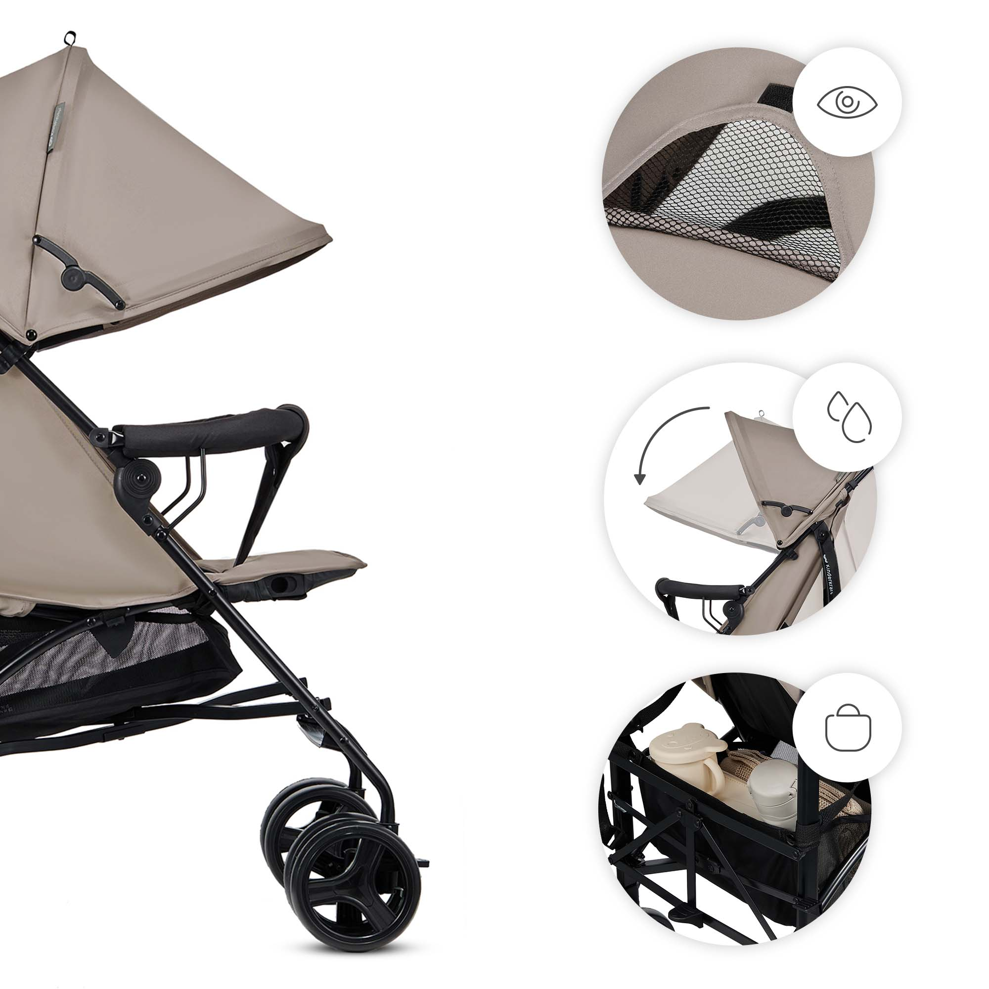 Beiger Kinderwagen mit Sonnendach, Netz und Aufbewahrungstasche.