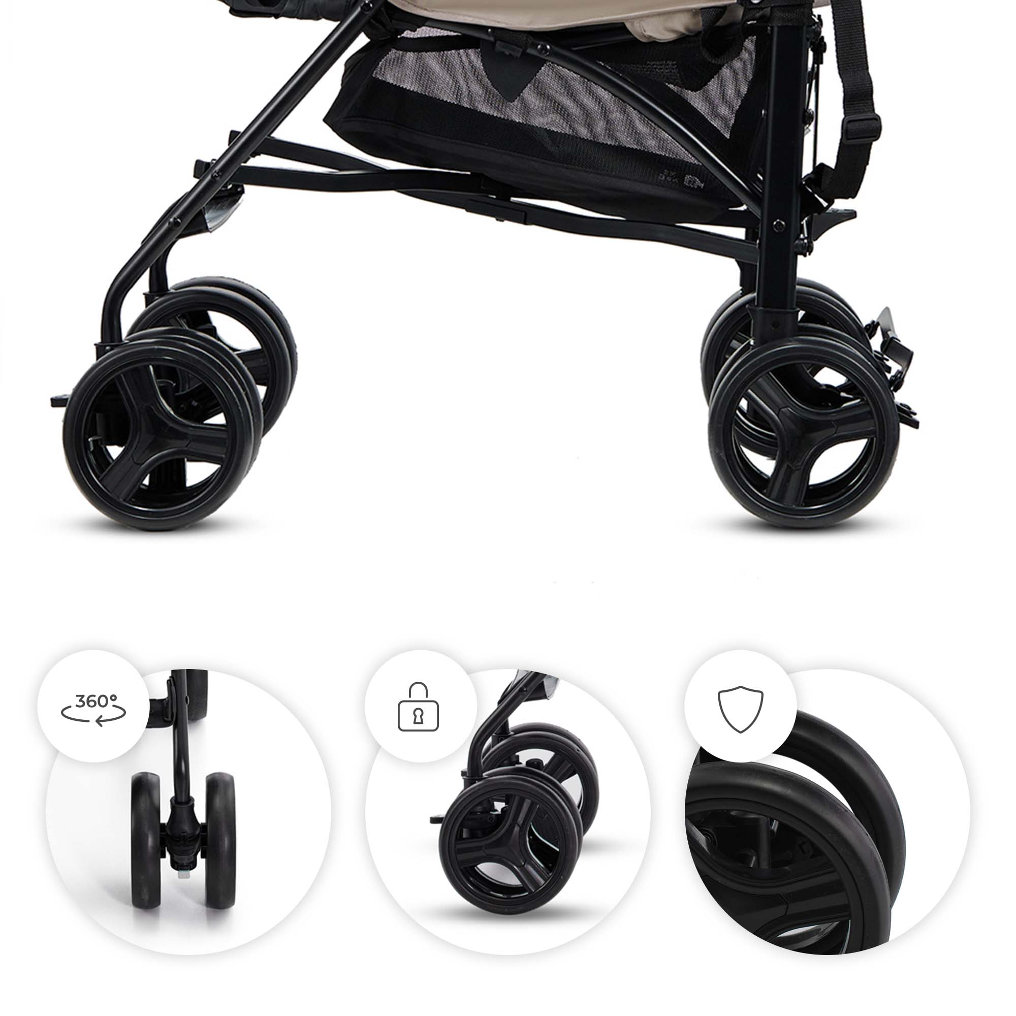 Nahaufnahme der Räder eines Kinderwagens mit Zubehörsymbolen.
