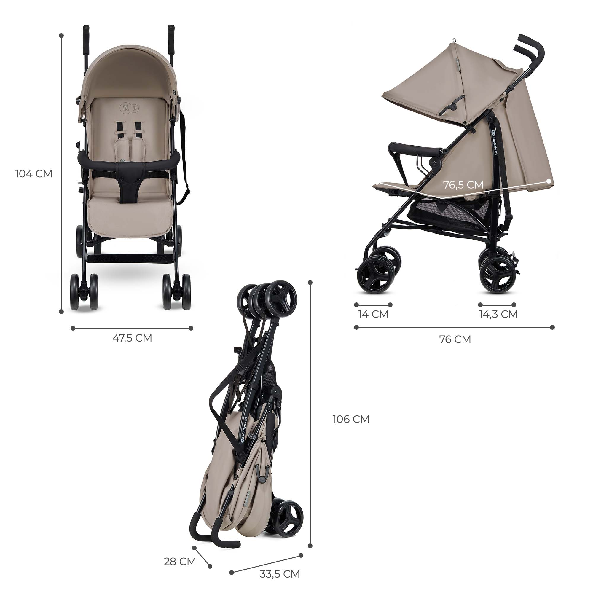 Ein beiger Kinderwagen in drei Ansichten: offen, mit Haube und zusammengeklappt.