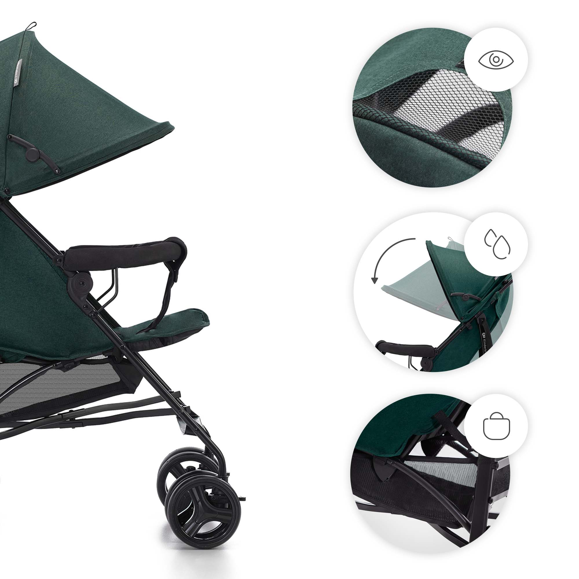 Dunkelgrüner Kinderwagen mit drei Detailansichten: Belüftung, verstellbares Verdeck, Ablage.