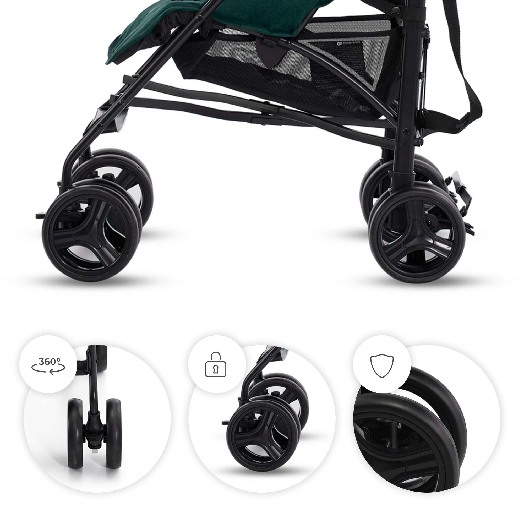 Detailansicht eines Kinderwagens mit Rädern, Aufbewahrungskorb und Symbolen.