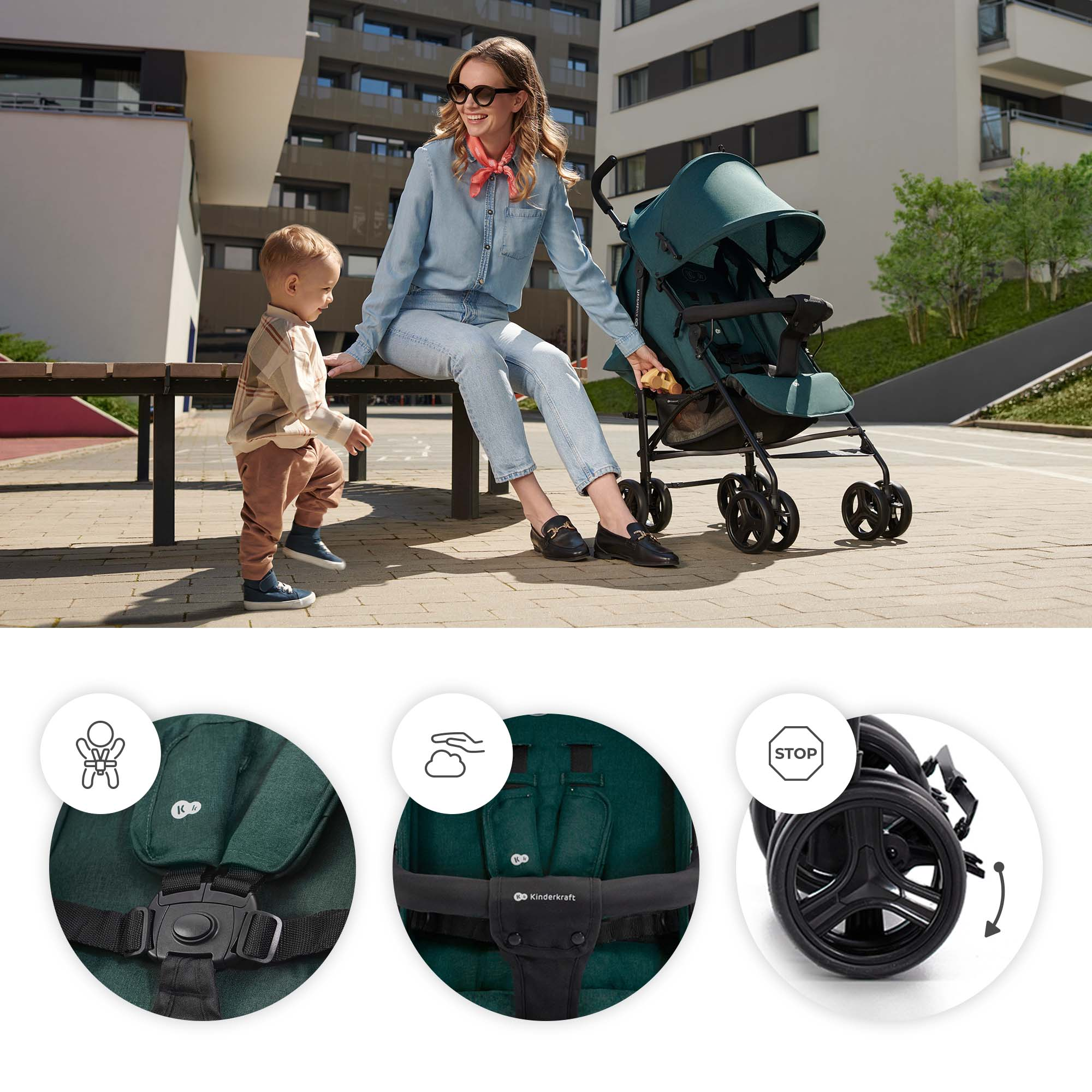 Frau und Kind sitzen auf einer Bank neben einem Kinderwagen. Nahaufnahmen zeigen Gurte und Räder.