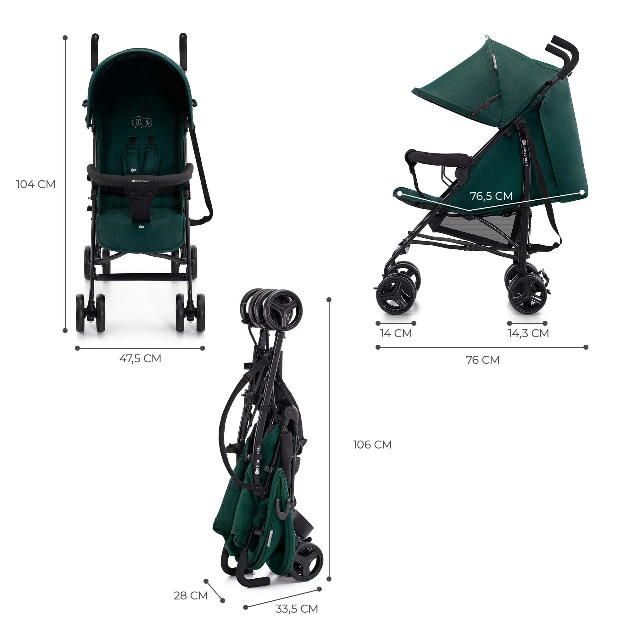 Ein dunkelgrüner Kinderwagen in drei Ansichten: offen, zusammengeklappt und von der Seite.