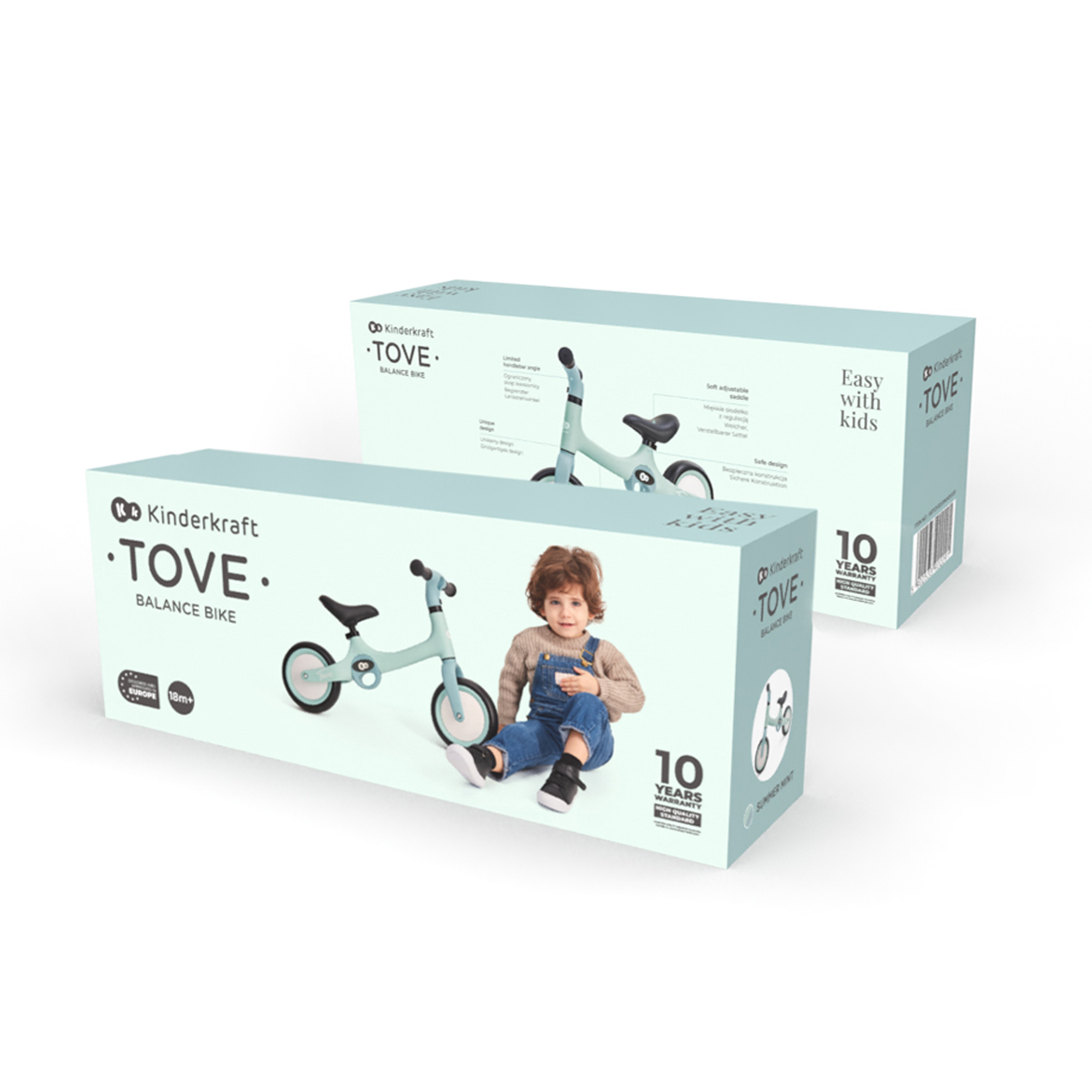 Kinderkraft TOVE Laufrad-Verpackung mit Kind und Laufrad.