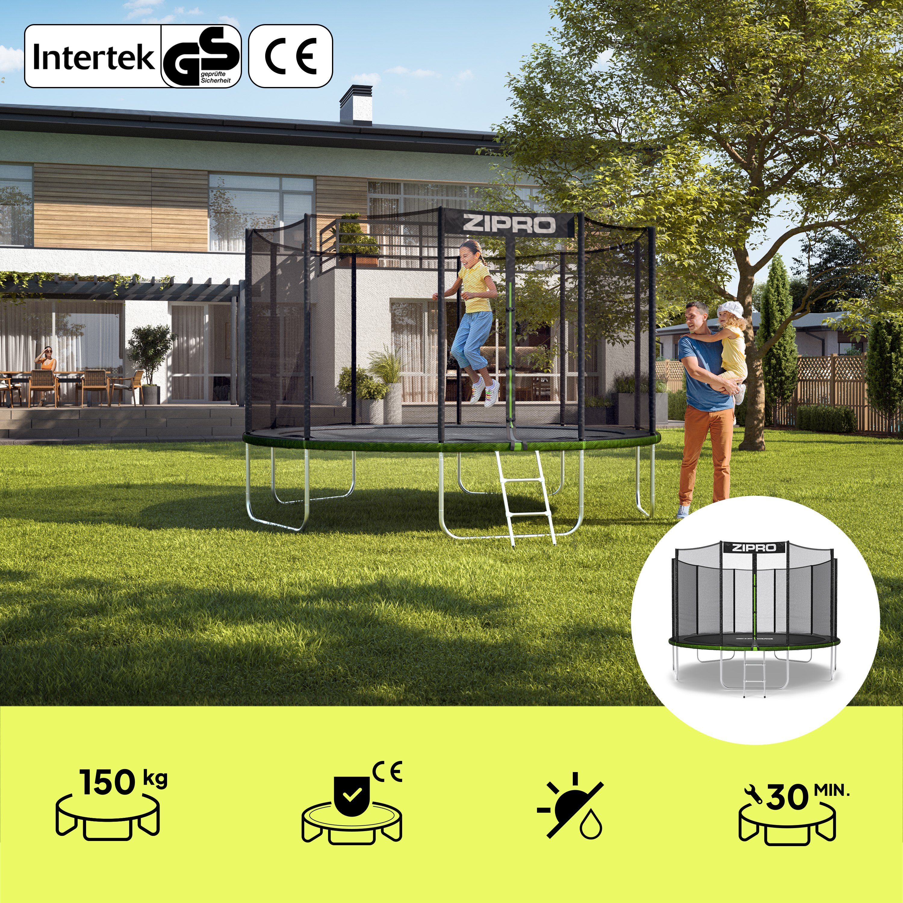 Familie auf Trampolin im Garten. Vater hält Tochter, Kind springt.