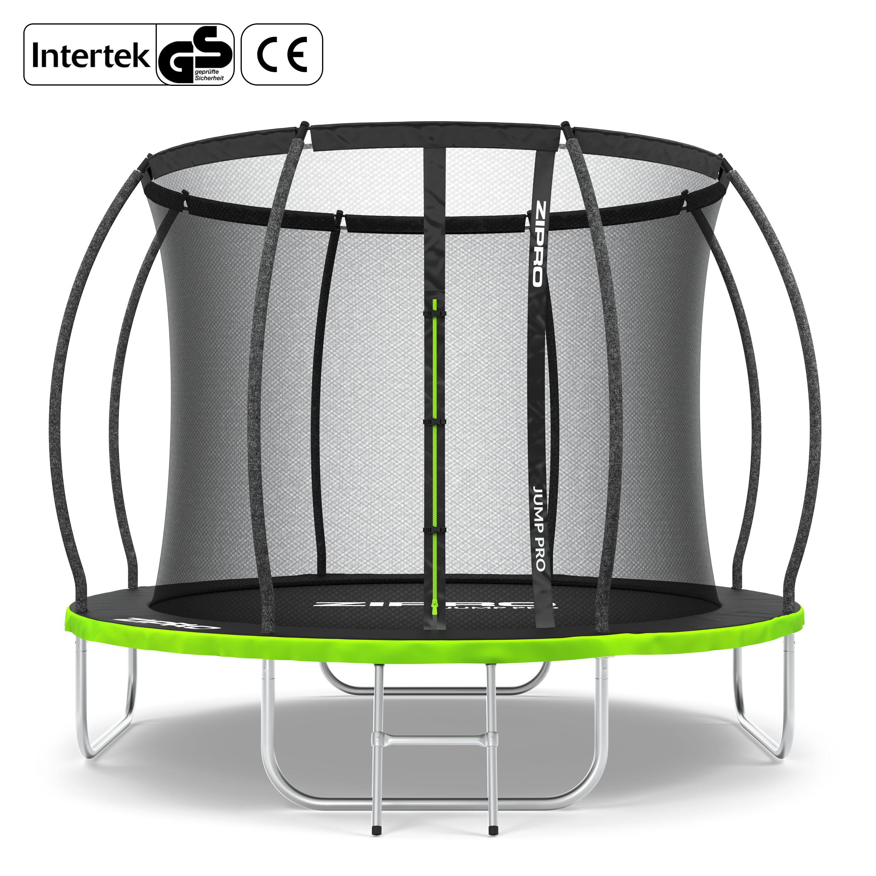Un trampolín redondo con red de seguridad, borde verde y patas plateadas.