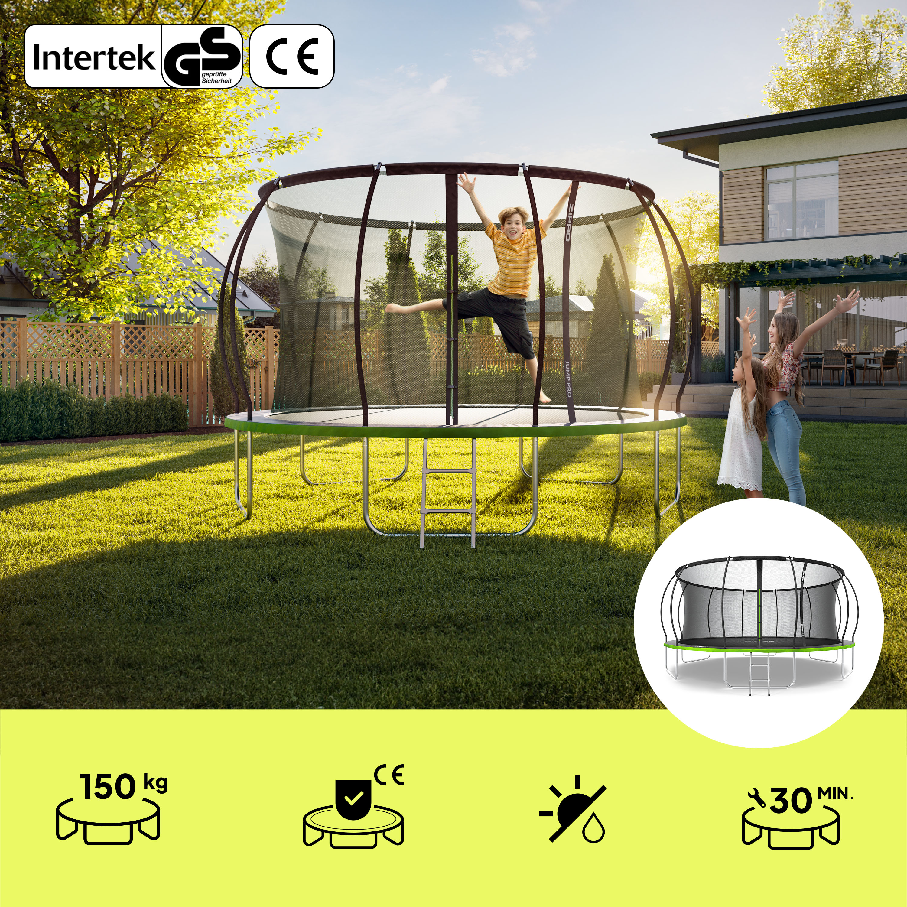 Een jongen springt op een trampoline in de tuin, twee meisjes staan ernaast.