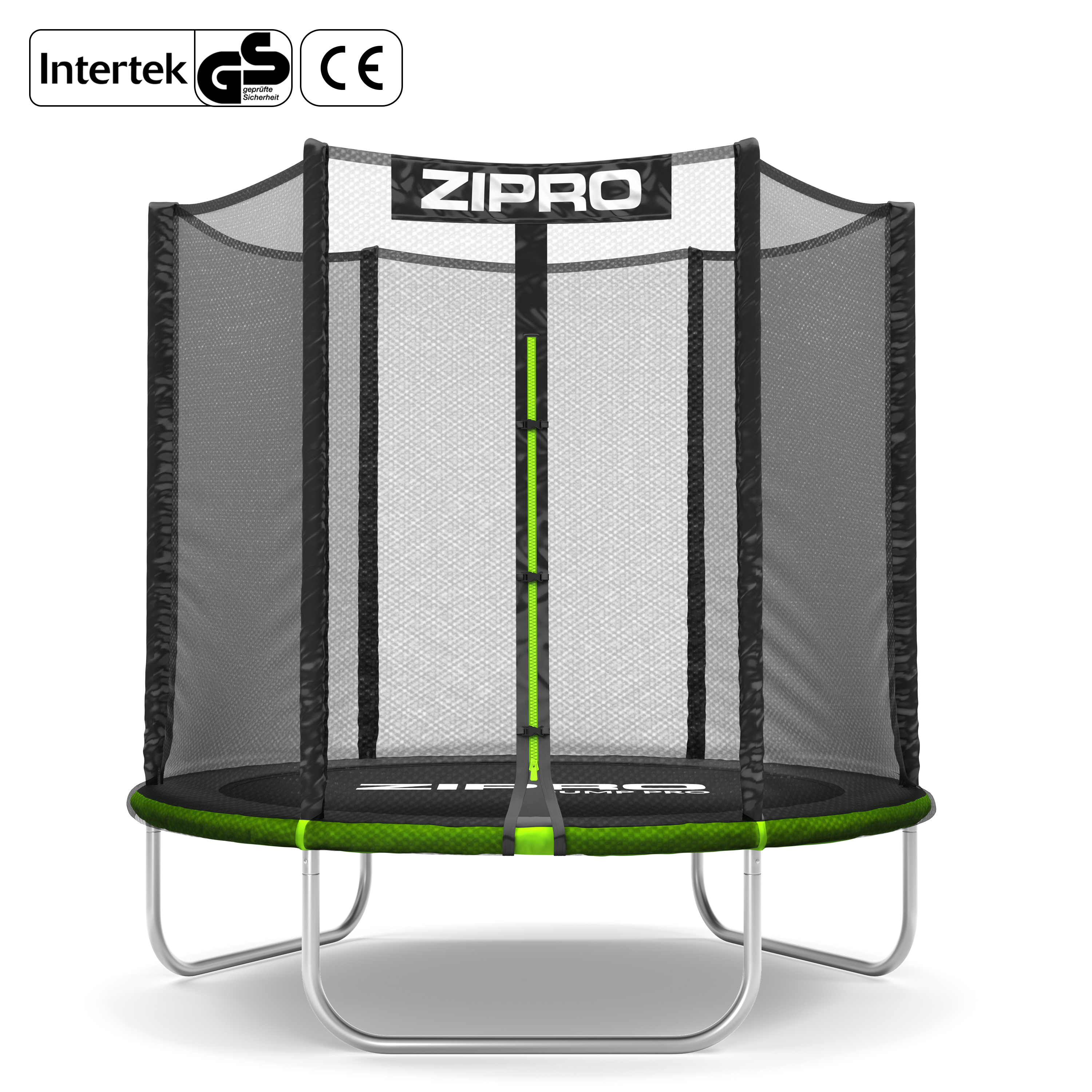 Ein Trampolin mit Sicherheitsnetz, schwarzem Sprungtuch und grüner Polsterung.