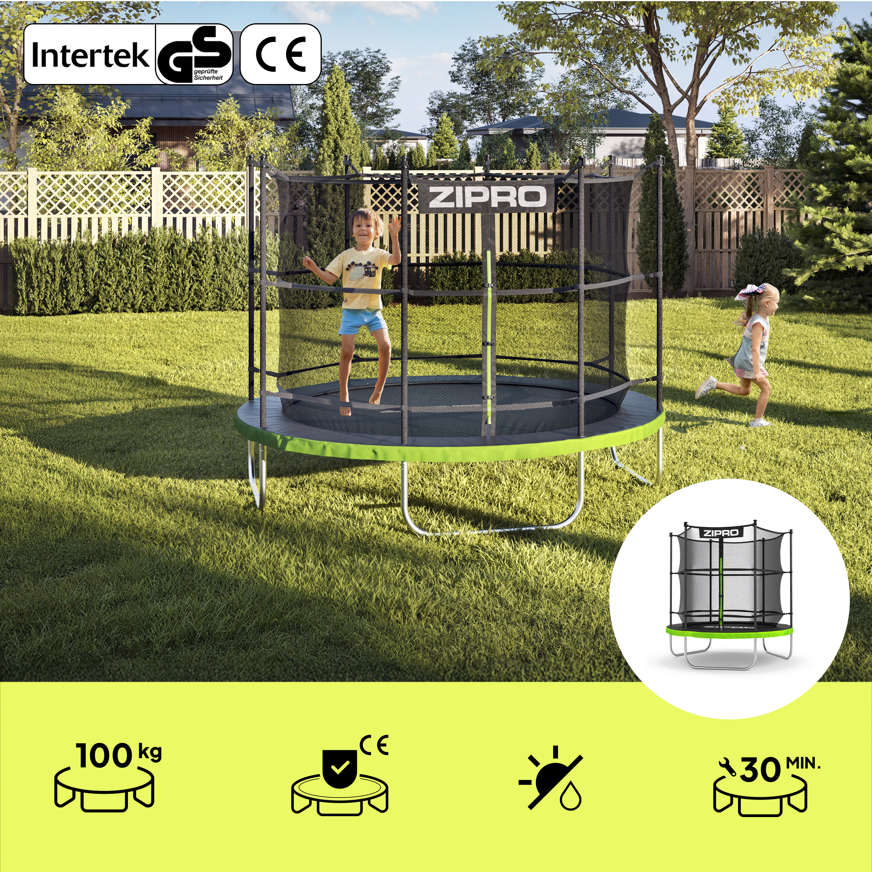 Kinder springen auf einem Trampolin im Garten. "ZIPRO" Logo. Zertifizierungen.