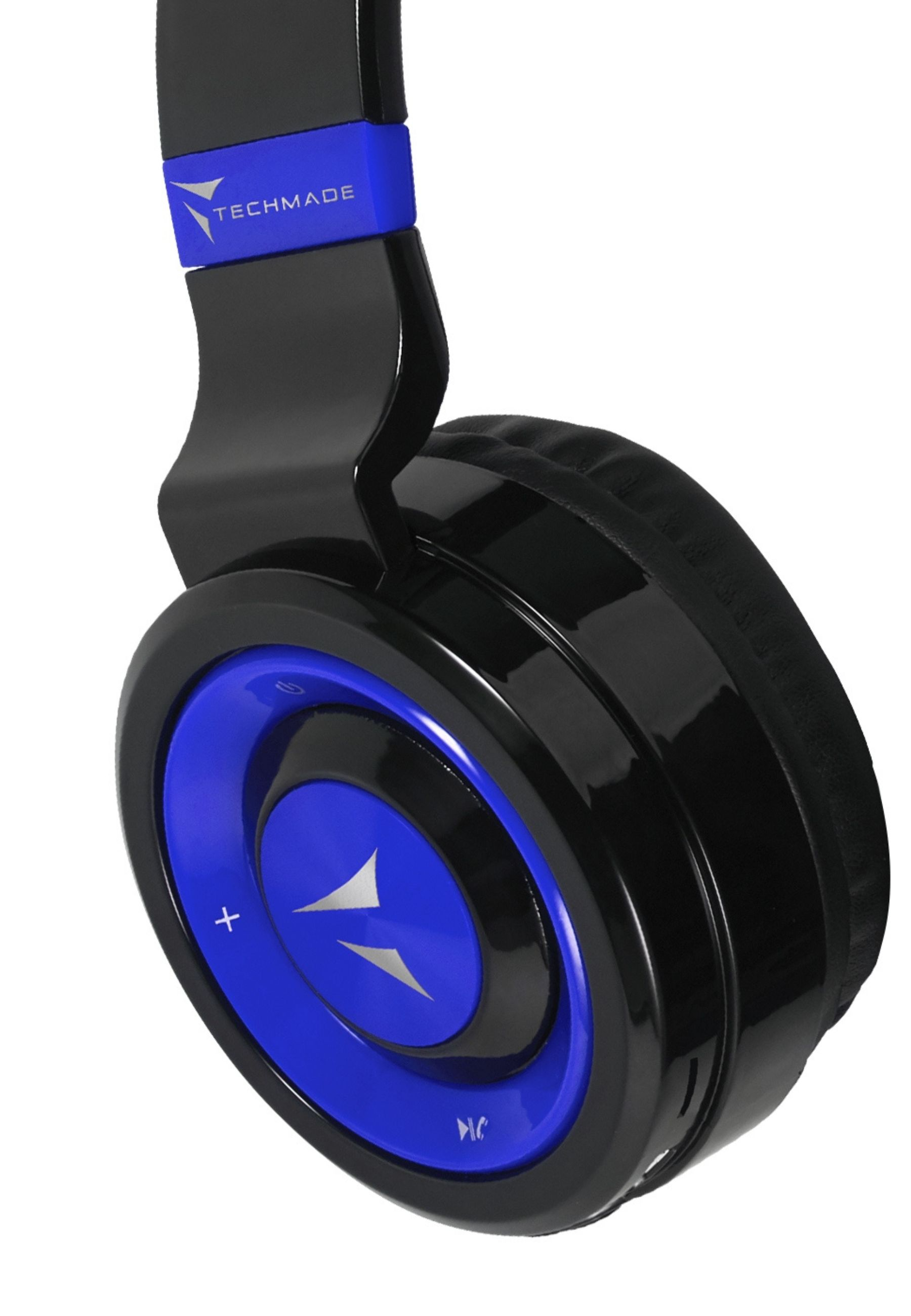 Schwarzer Kopfhörer mit blauen Akzenten und TECHMADE-Logo.
