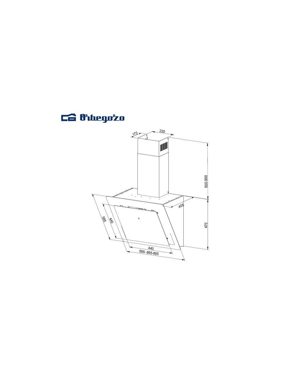 Dibujo técnico de una campana extractora con dimensiones.