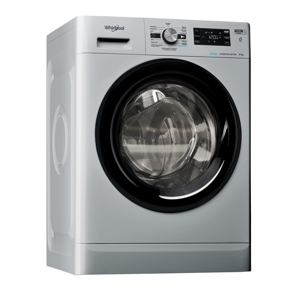 Eine graue Whirlpool-Waschmaschine mit schwarzem Bullauge und digitalem Display.