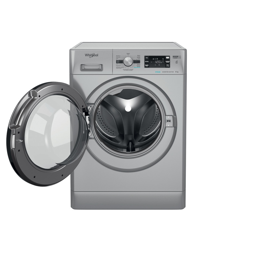 Silberne Waschmaschine mit geöffneter Tür und Trommel sichtbar.