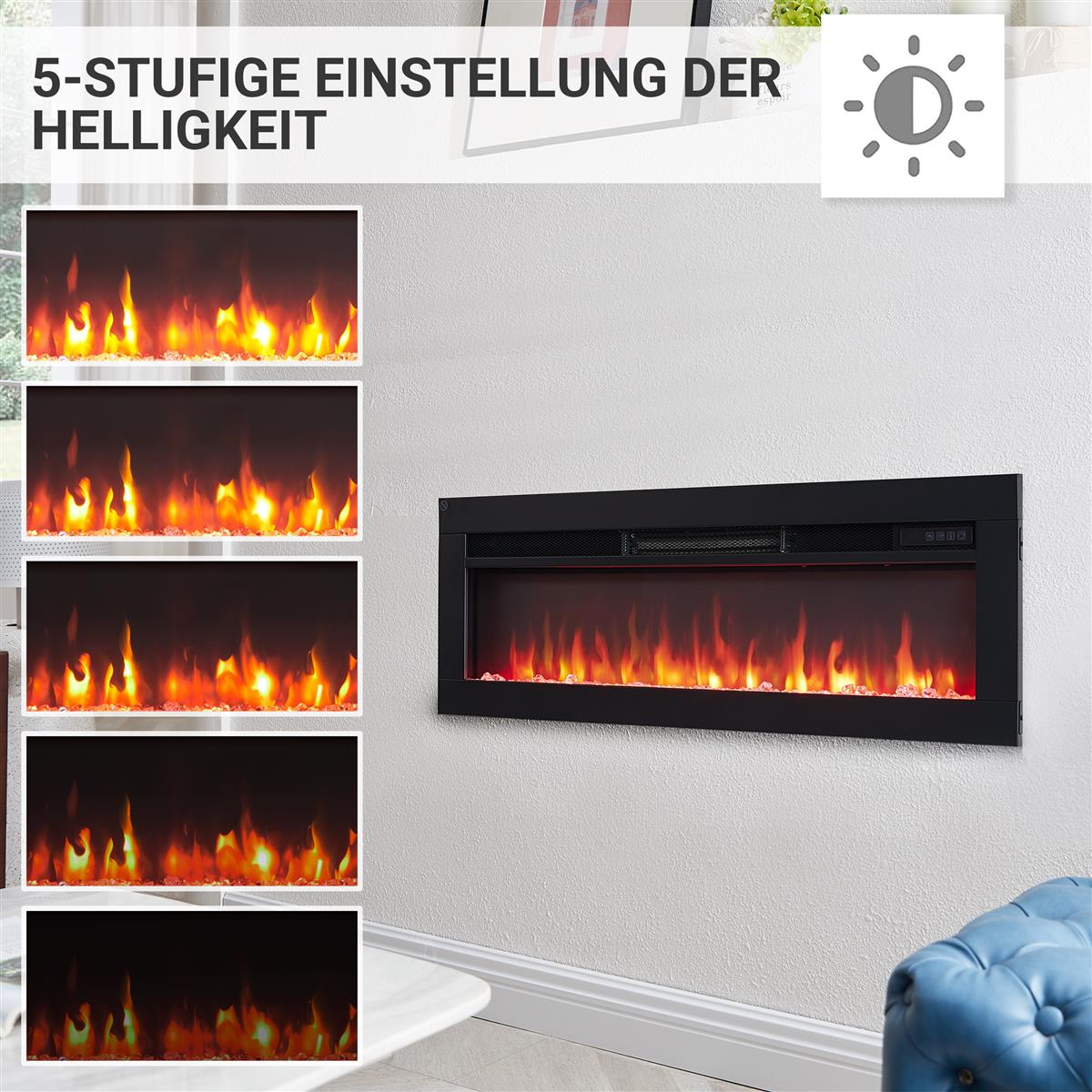 Elektrischer Kamin mit Flammenanzeige in 5 Helligkeitsstufen.