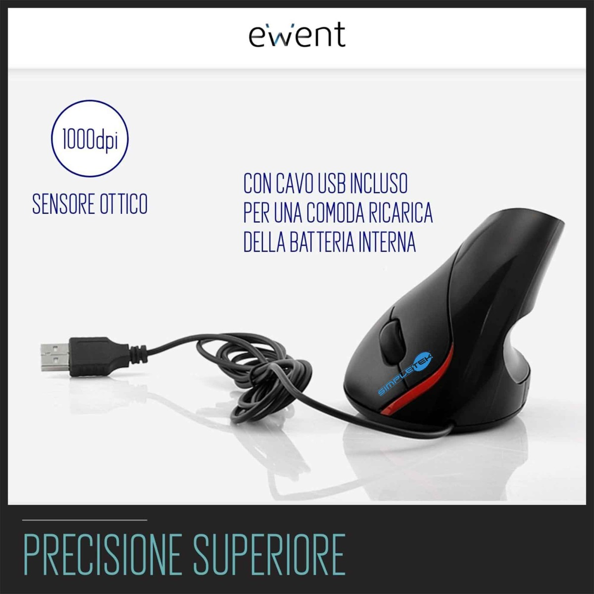 Czarna ergonomiczna mysz z kablem USB, 1000 dpi, czujnik optyczny.