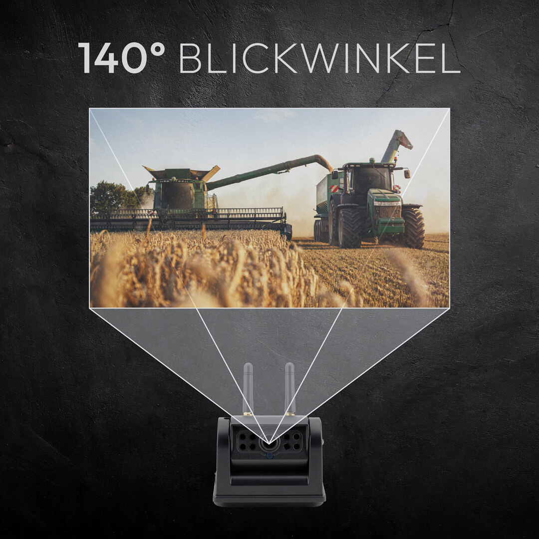 Mähdrescher und Traktor auf einem Weizenfeld, 140° Ansicht.