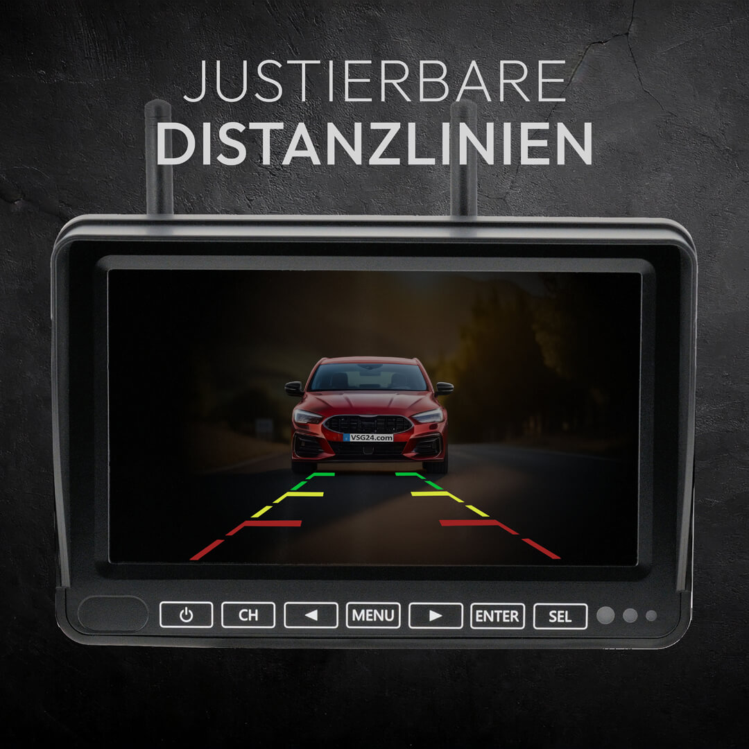 Rückfahrkamera-Bildschirm zeigt roten PKW mit Abstandslinien.