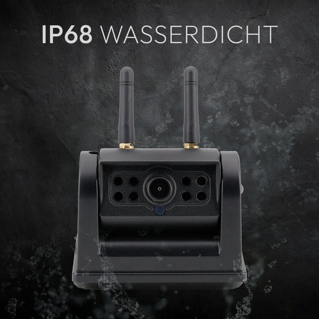 Schwarze Kamera mit zwei Antennen, IP68 wasserdicht, auf dunklem Hintergrund.