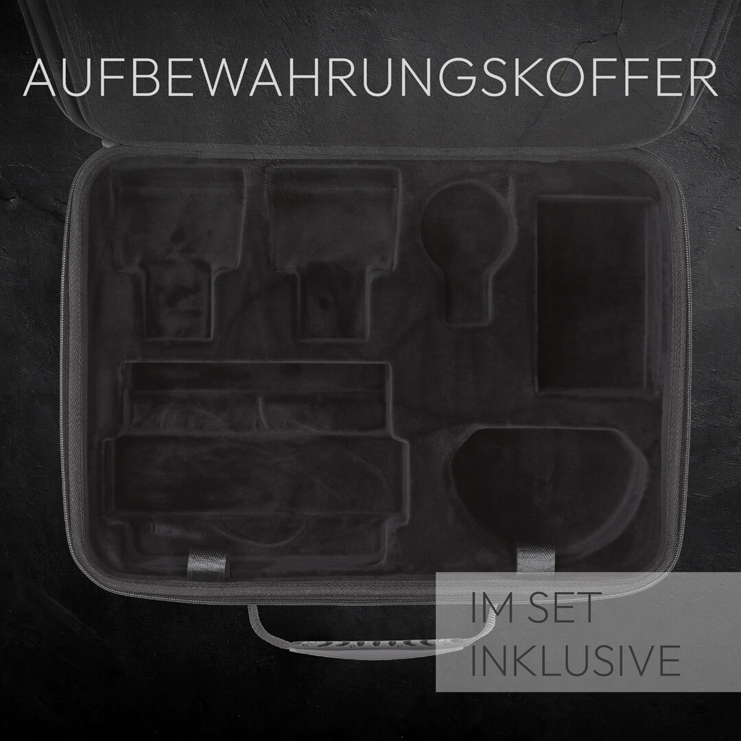 Ein schwarzer, leerer Aufbewahrungskoffer mit vorgeformten Fächern für Elektronik.