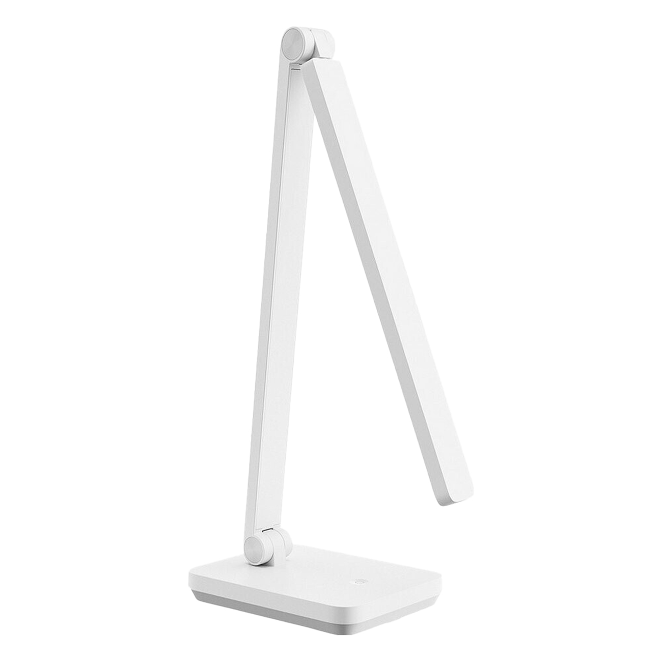 Eine weiße, moderne Schreibtischlampe mit verstellbarem Arm auf weißem Hintergrund.