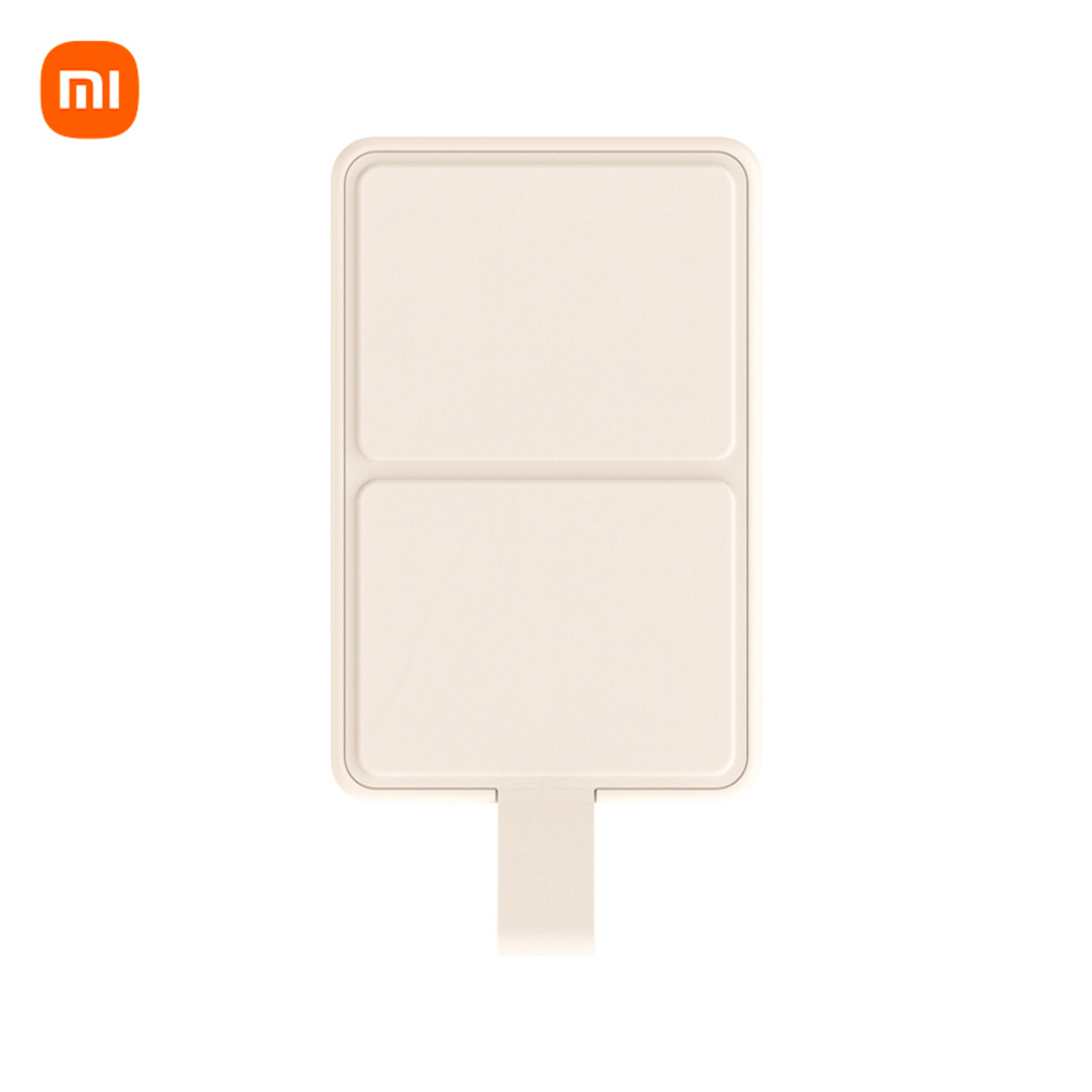 Logo Xiaomi i dwusegmentowa ładowarka w kolorze beżowym.