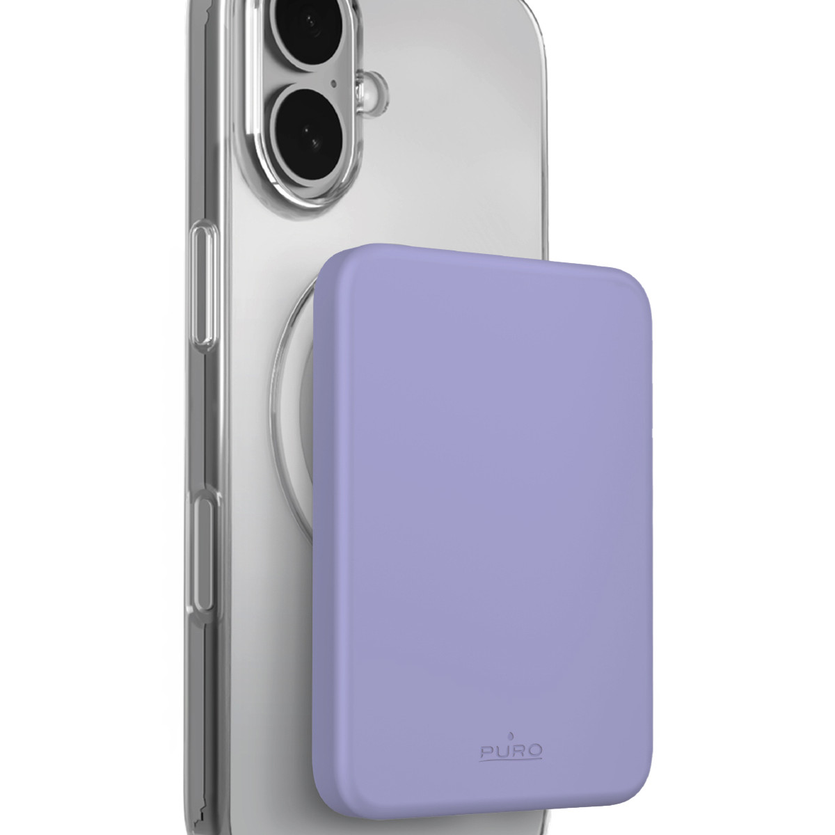 Ein hellviolettes MagSafe-Ladegerät haftet an der Rückseite eines transparenten iPhone-Gehäuses.