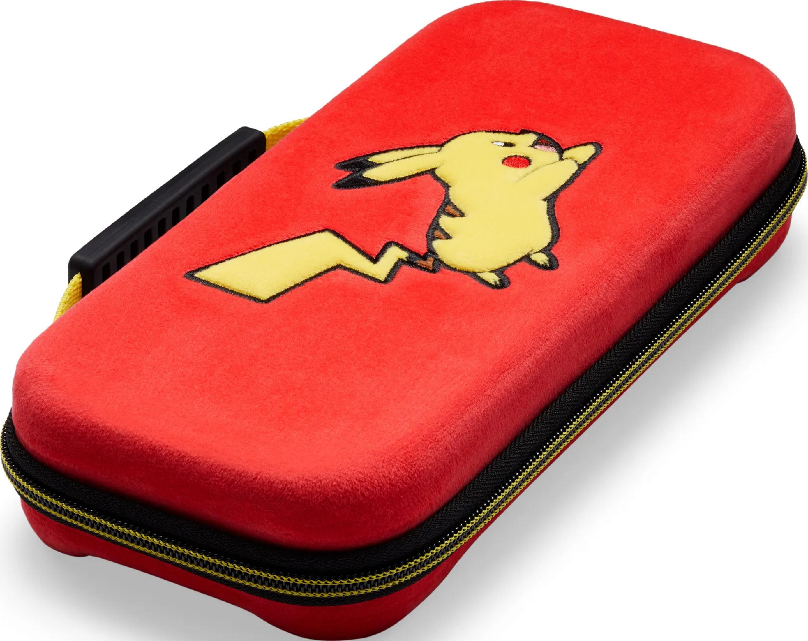 Czerwone etui z motywem Pikachu, czarnym zamkiem i żółtym uchwytem.