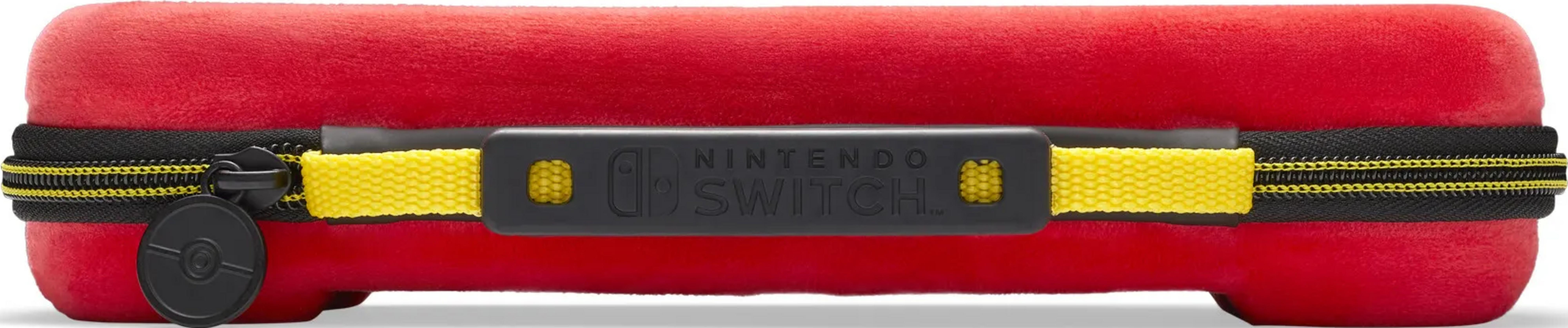 Czerwone etui Nintendo Switch z czarnym zamkiem i żółtymi paskami.