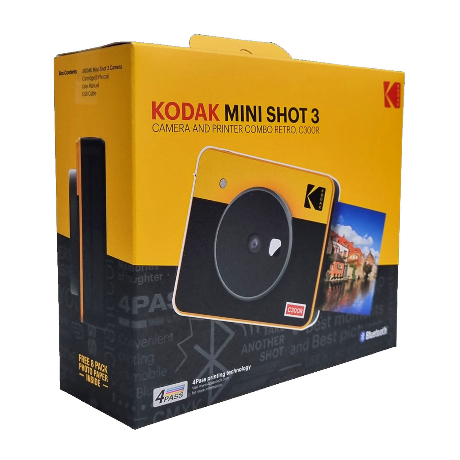 Emballage jaune et noir pour la Kodak Mini Shot 3 Camera et Printer Combo Retro C300R.