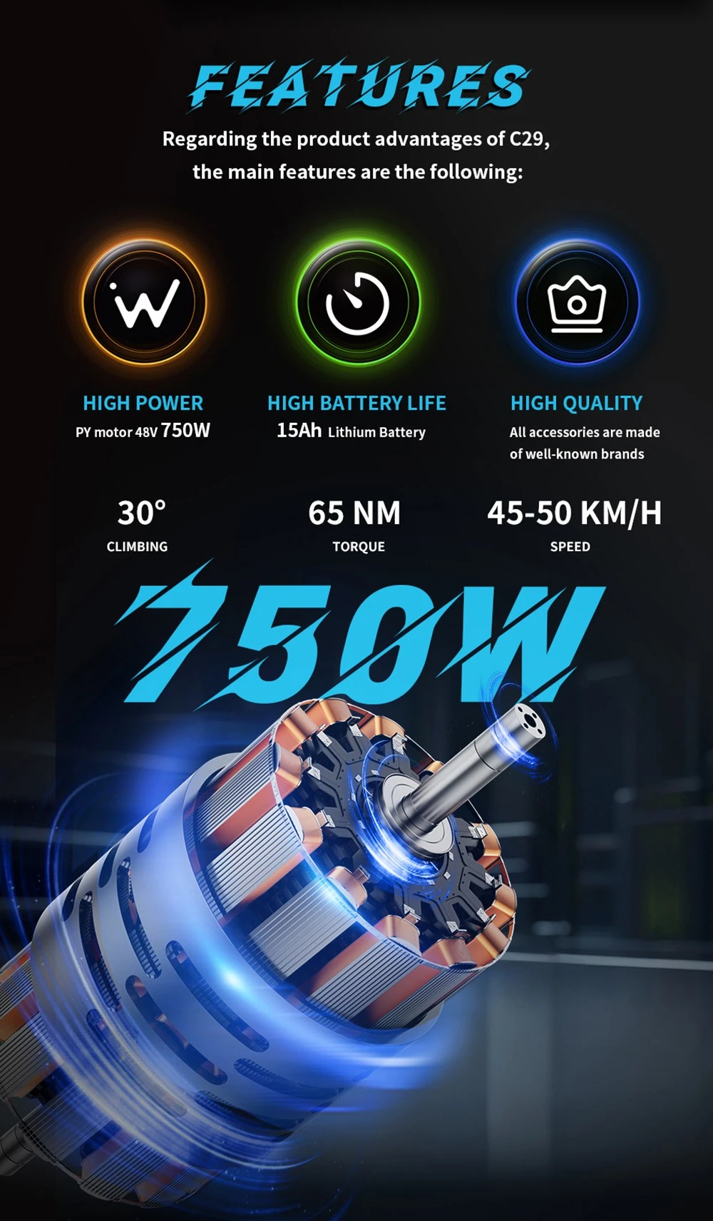 Características del producto: motor 750W, batería 15Ah, par 65 NM, 45-50 km/h.
